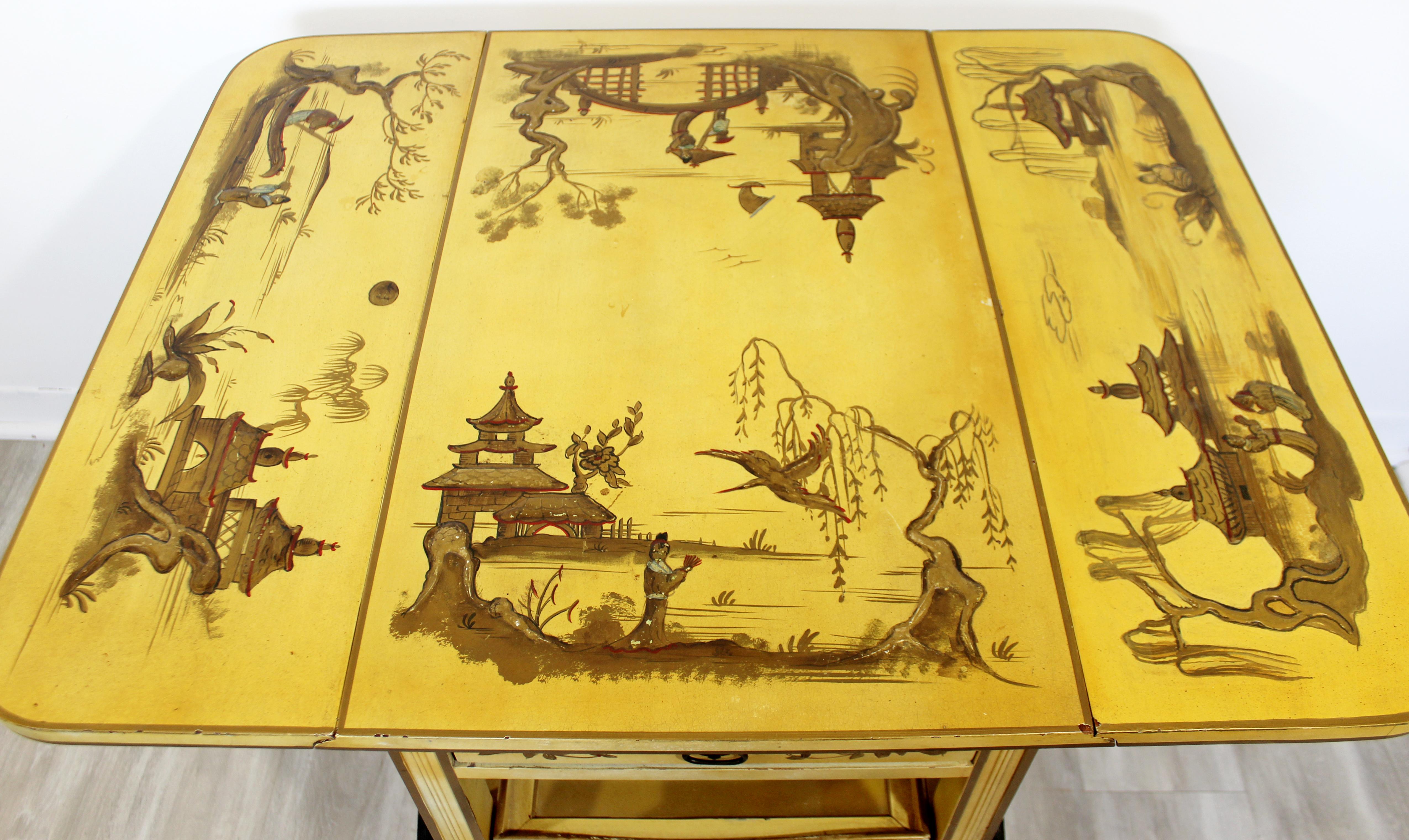 Wood Mid-Century Modern Hollywood Regency Yellow Lacquered Bar Tea Cart Chinoiserie