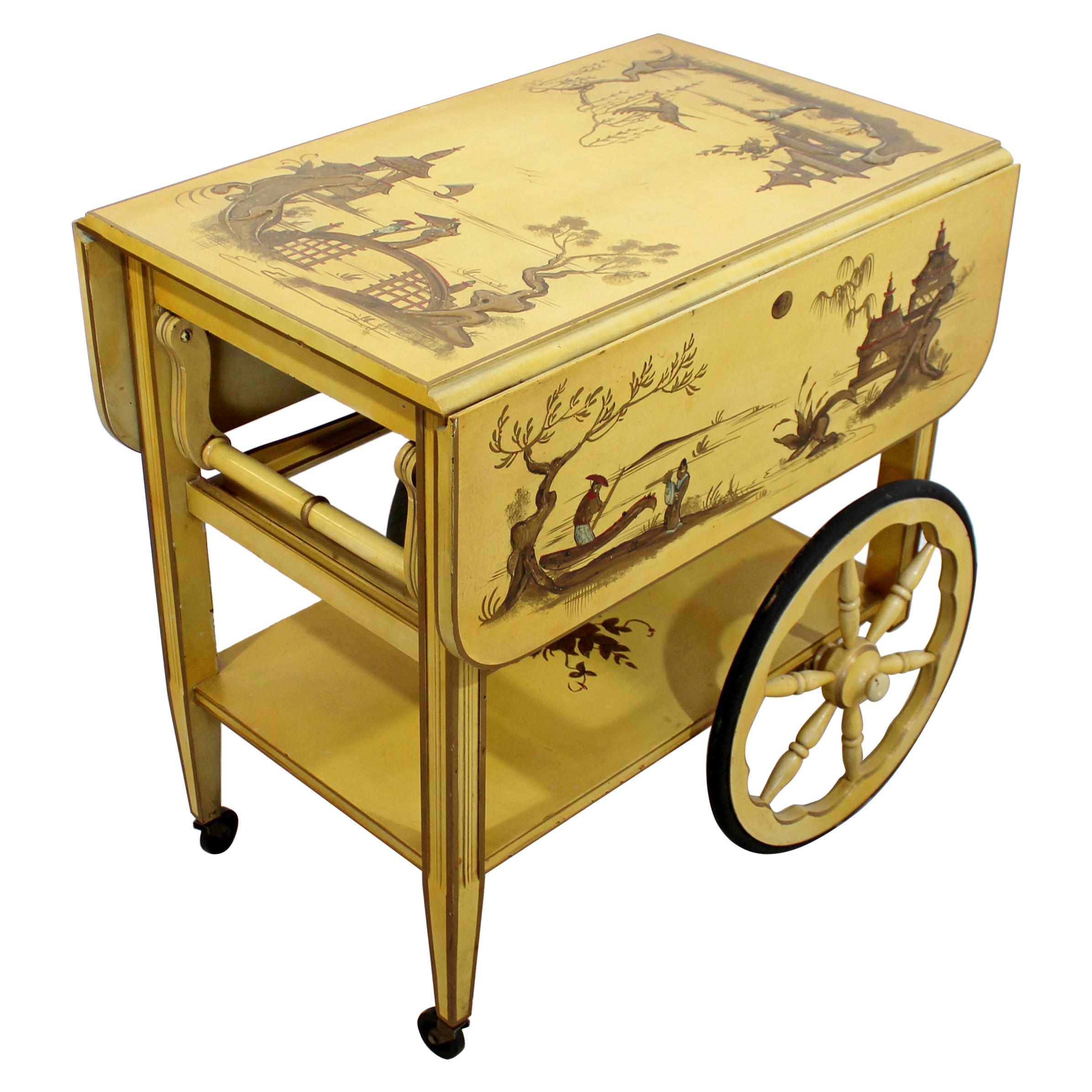 Mid-Century Modern Hollywood Regency Yellow Lacquered Bar Tea Cart Chinoiserie
