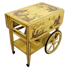 Mid-Century Modern Hollywood Regency Gelb Lackierte Bar Teewagen Chinoiserie