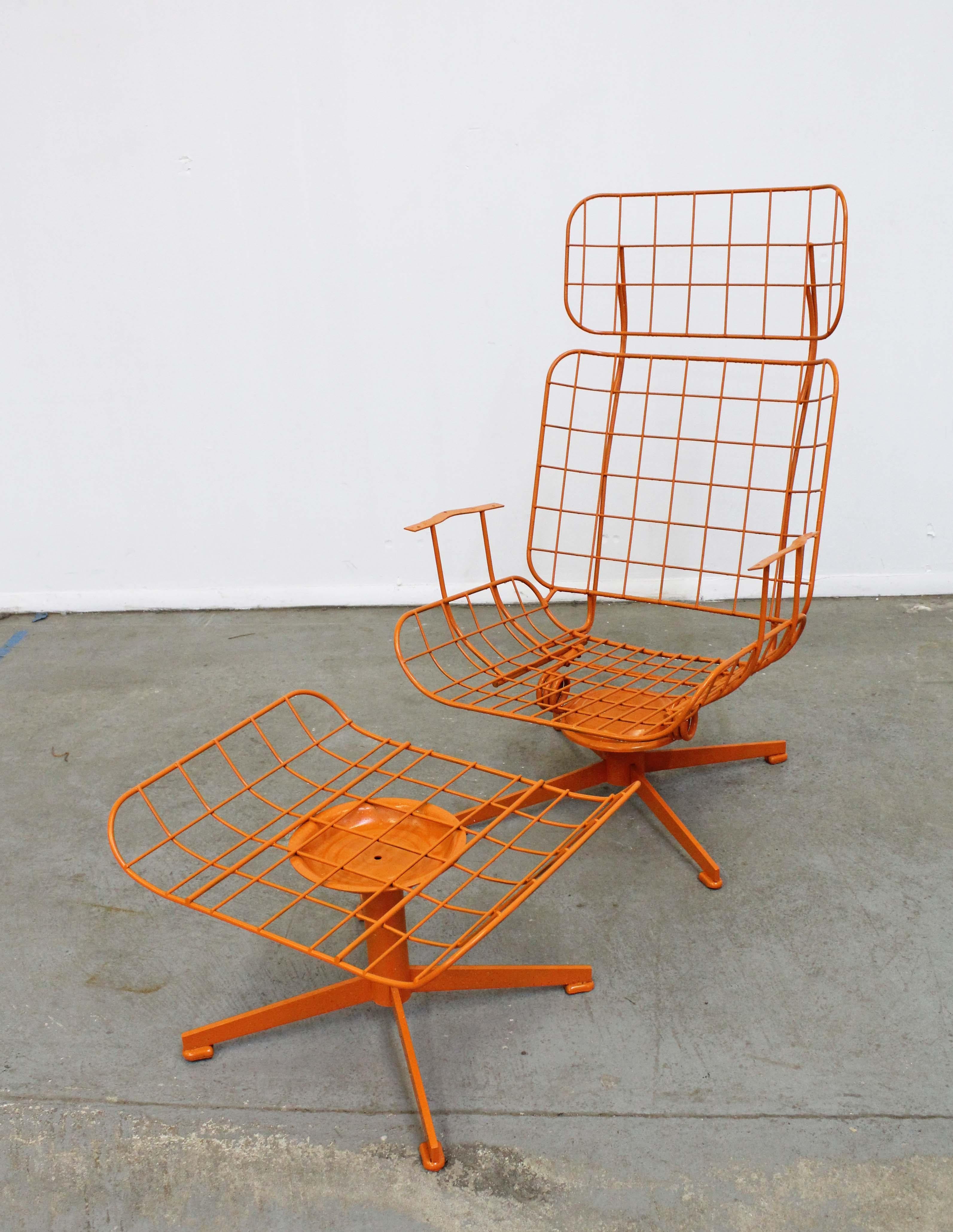 What a find. Offered is a midcentury welded steel outdoor/patio lounge chair & ottoman made by Homecrest Bottemiller. This piece has been repainted in an atomic orange. It is in good condition considering its age with minor age wear (has been