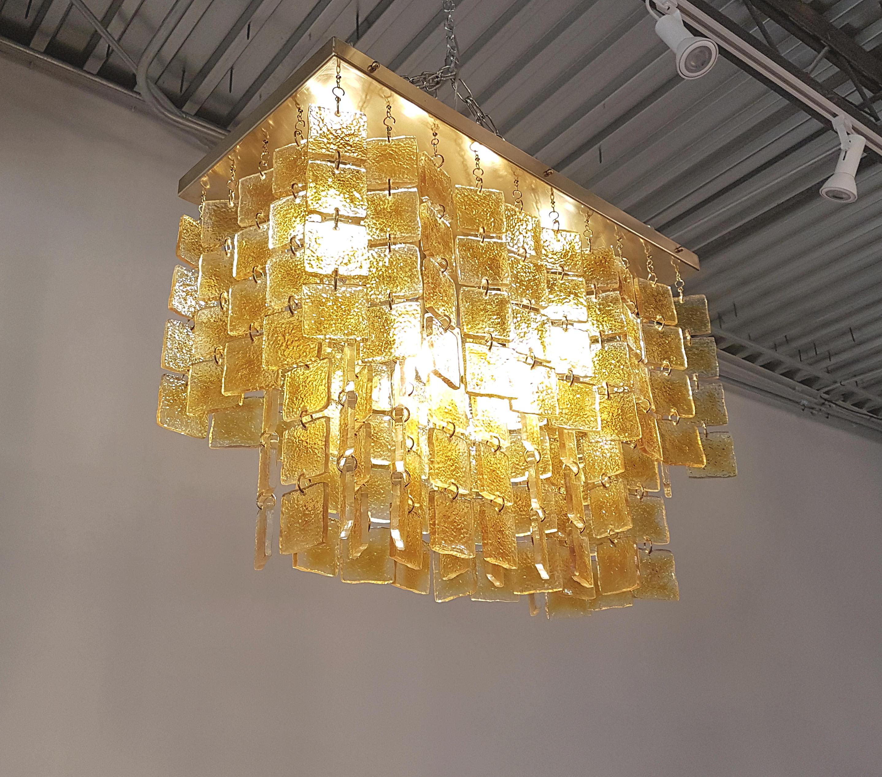 Late 20th Century Mid-Century Modern Honey & Brass Rectangular Murano Glass Flush-Mount Chandelier