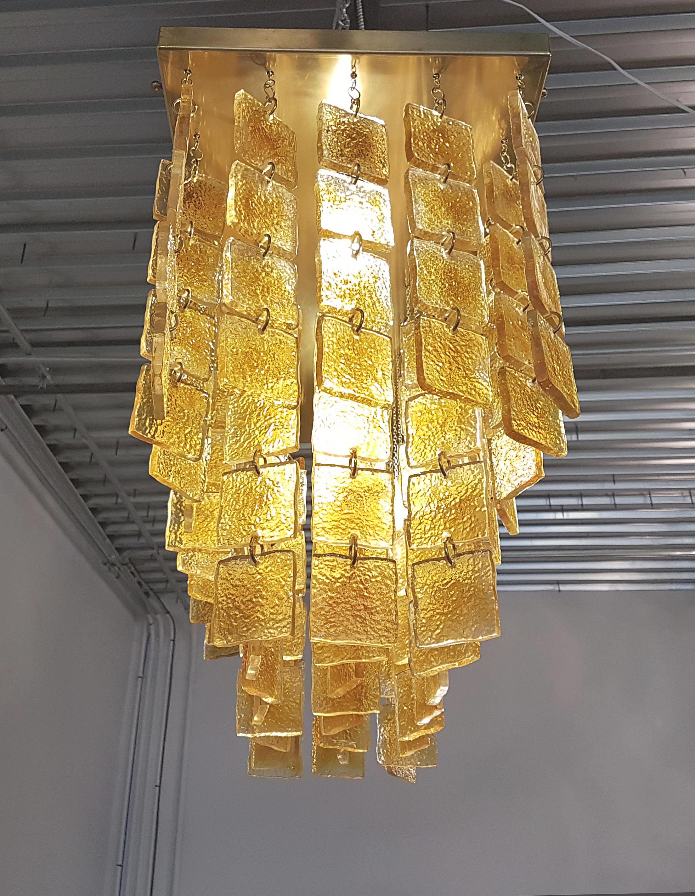 Mid-Century Modern Honey & Brass Rectangular Murano Glass Flush-Mount Chandelier 1