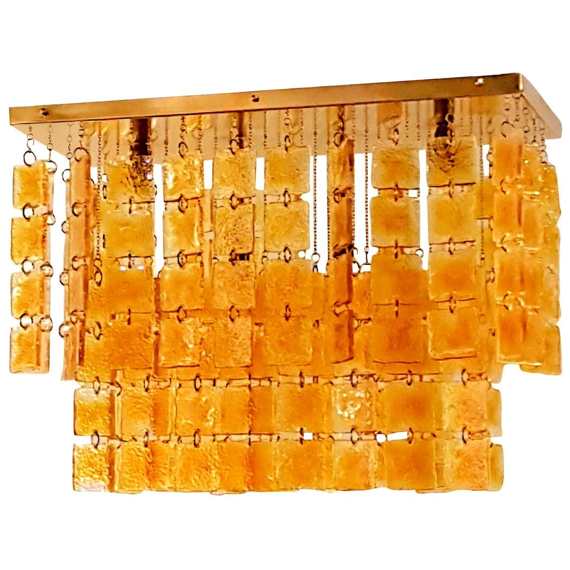 Mid-Century Modern Honey & Brass Rectangular Murano Glass Flush-Mount Chandelier