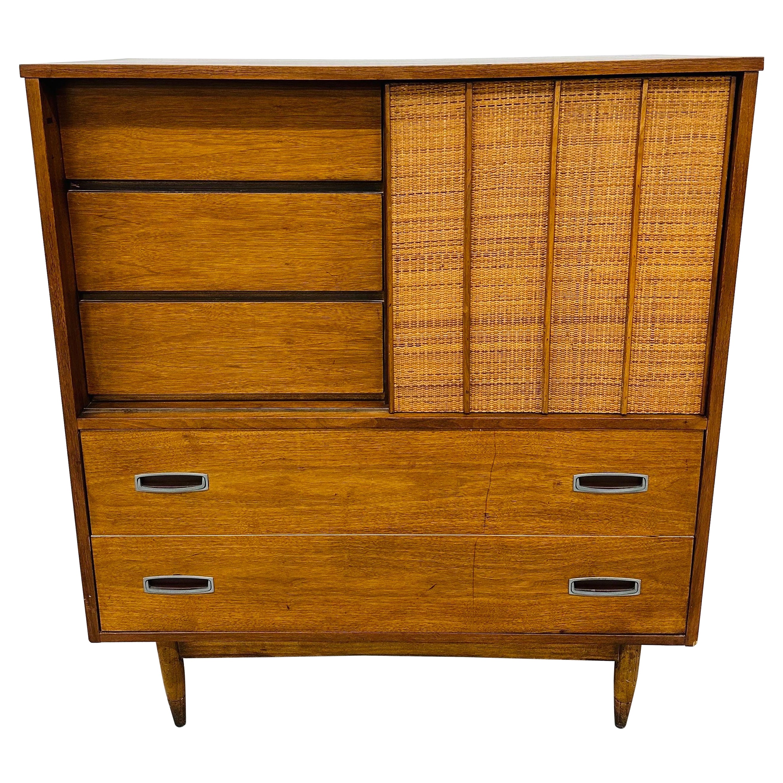 Mid-Century Modern Hooker Walnut & Cane High Chest