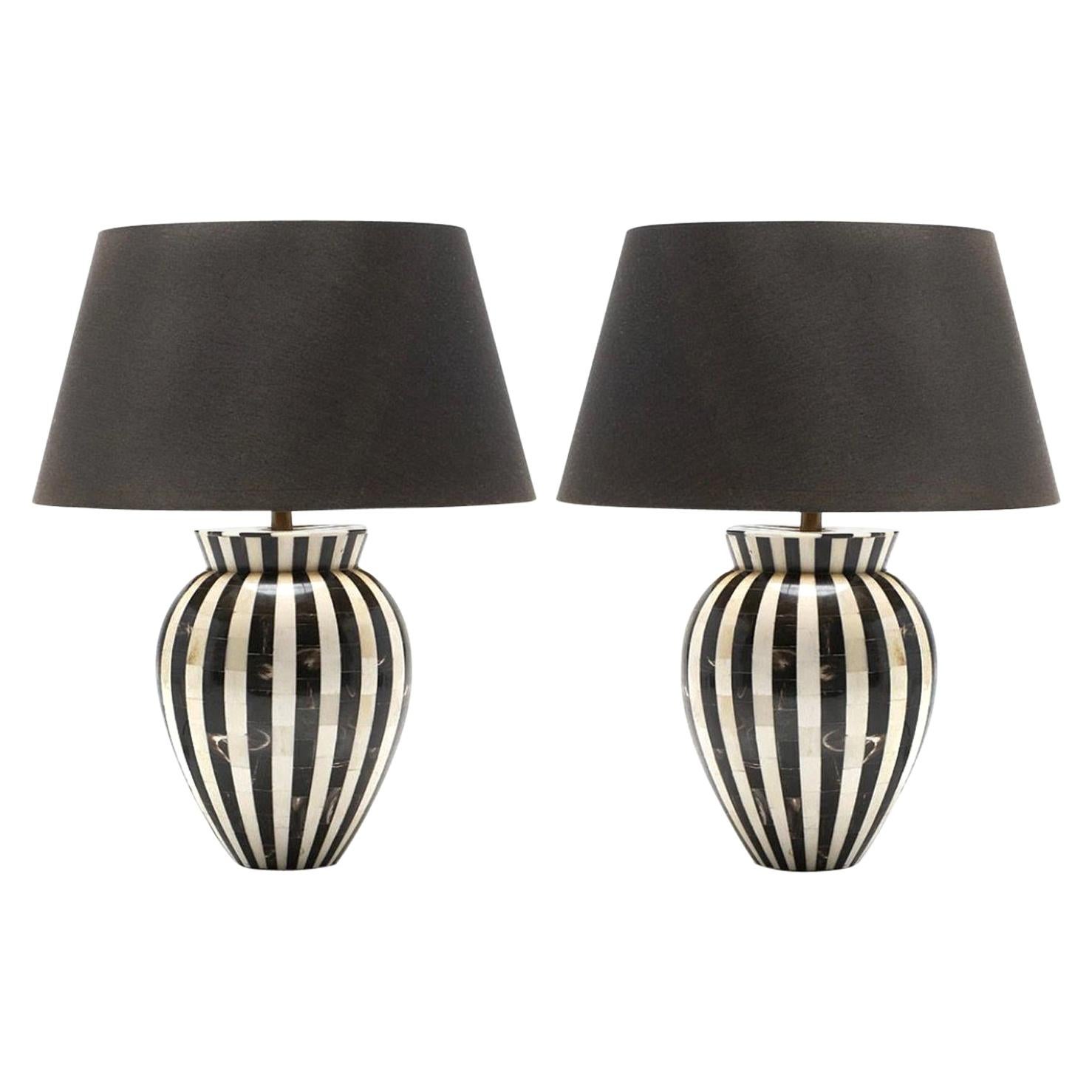 MCModern Horn and Bone Striped Pair of Table Lamps, Stunning For Sale
