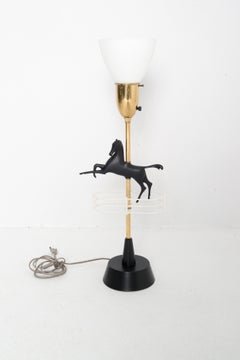 Mid-Century Modern Brass Horse Table Lamp, Glass Shade, USA, 1950s