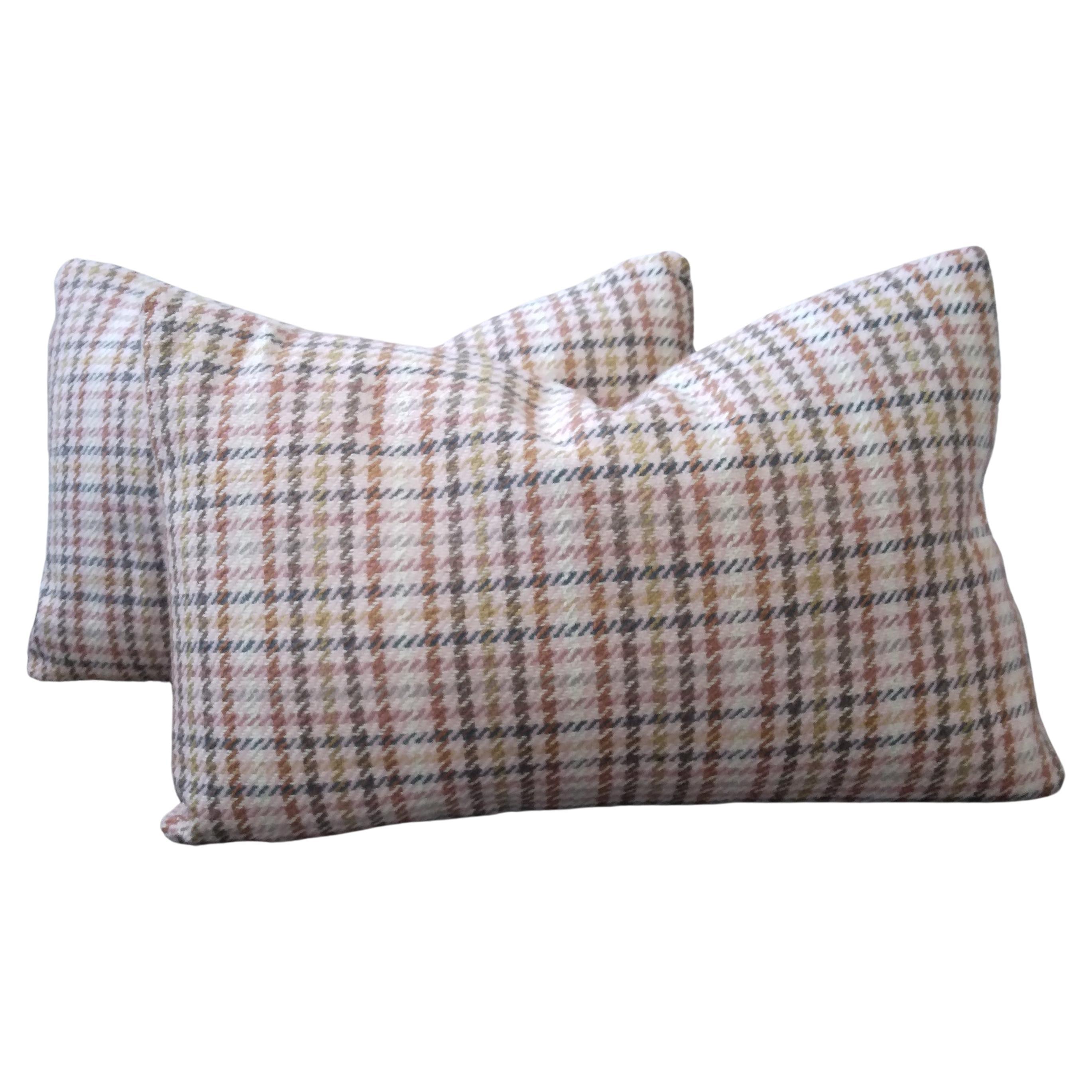 Mid-Century Modern Houndstooth Plaid Lumbar Pillows in Pink - a pair  For Sale
