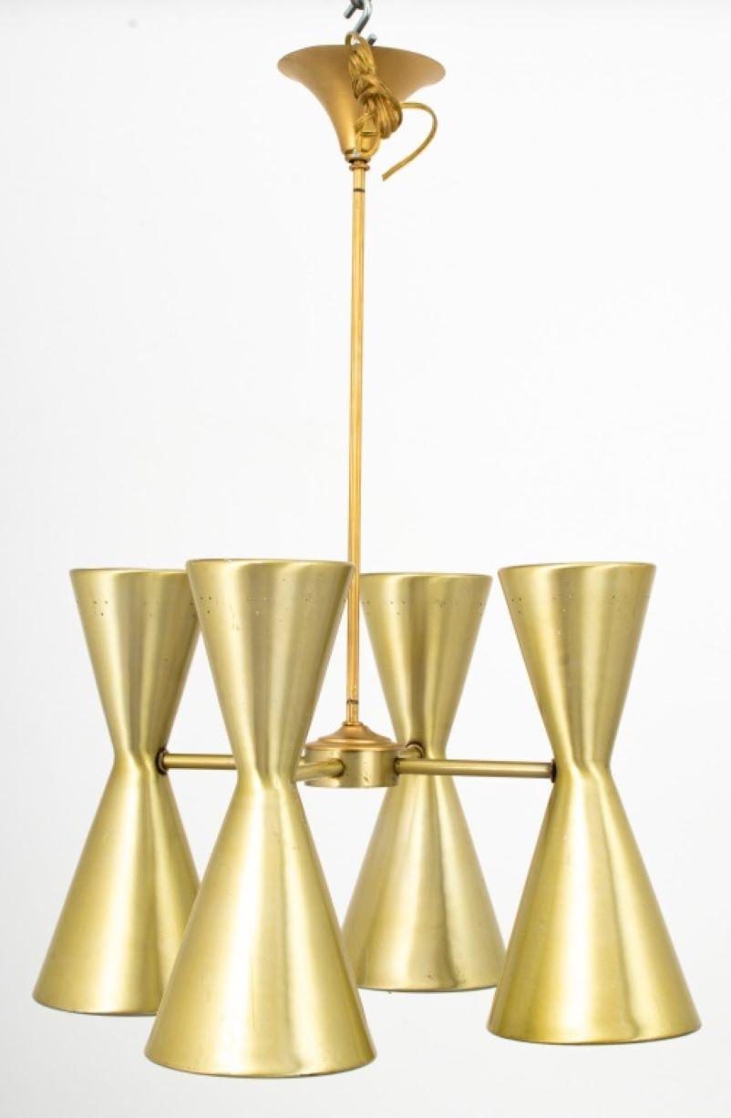 Mid-Century Modern Hourglass Form Chandelier, four pendants, each with top and bottom light fixture, apparently unmarked. 30