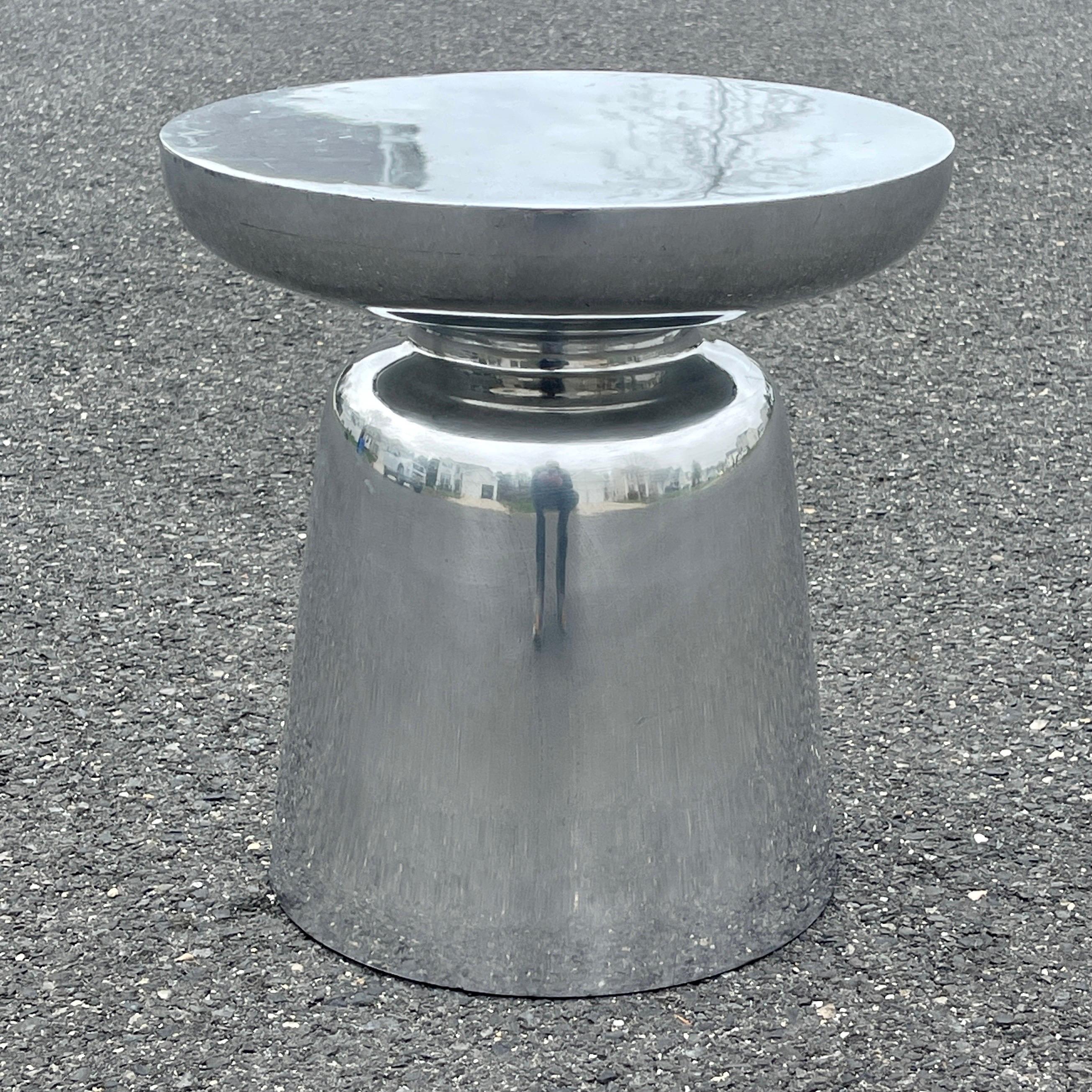 Mid-Century Modern hourglass table or pedestal in thick aluminum plate.
3/16 inch thick aluminum plate with a rough industrial finish.
