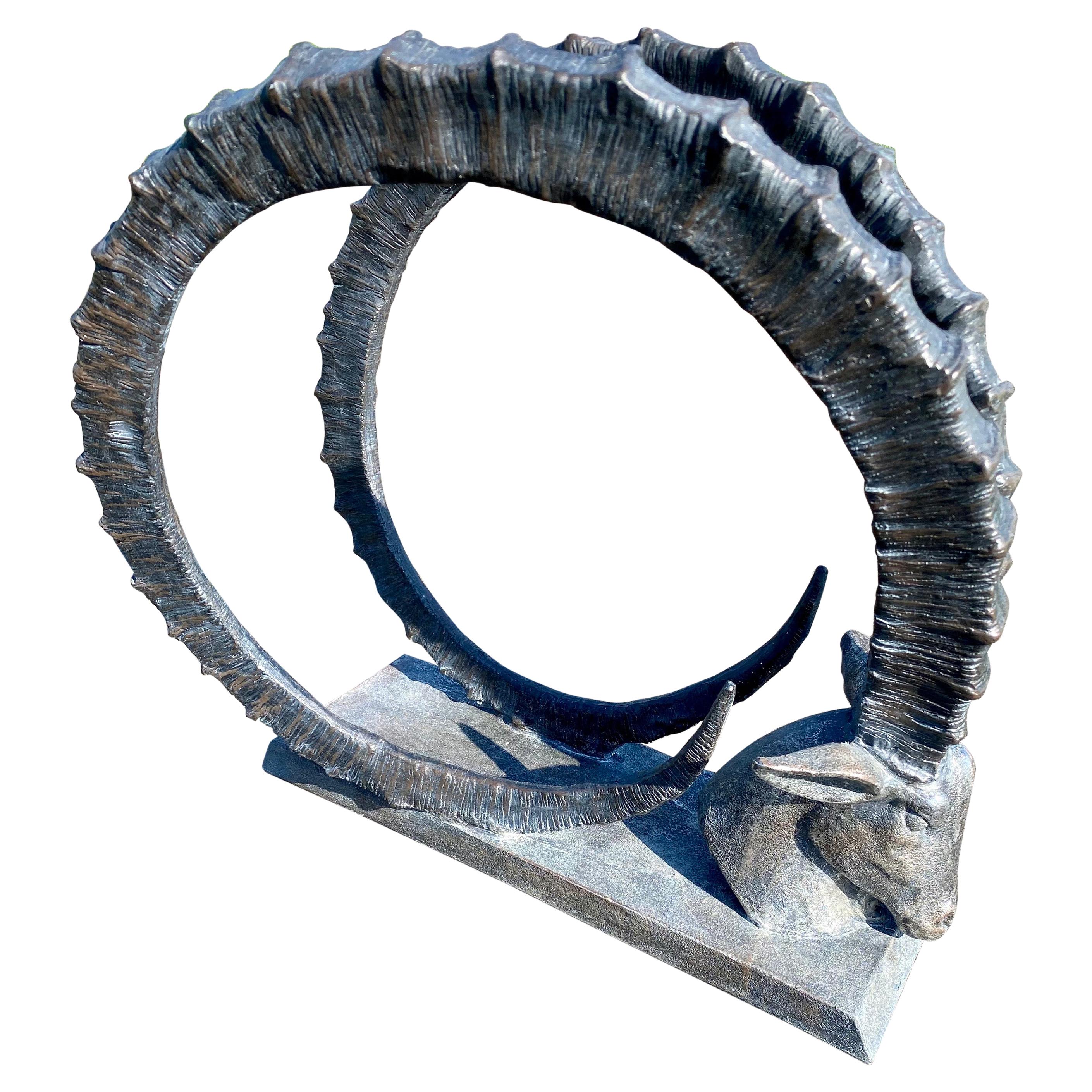 Mid-Century Modern Ibex Ram Head Horn Table Sculpture, Hollywood Regency