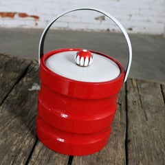 Mid-Century Modern Ice Bucket Red Faux Patent Leather White Plastic & Daisy Knob