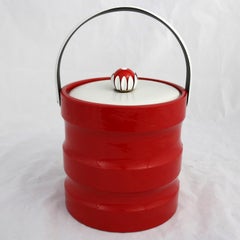 Mid-Century Modern-Eiskübel aus rotem Lackleder, weißem Kunststoff und Gänseblümchenknopf, Mid-Century Modern