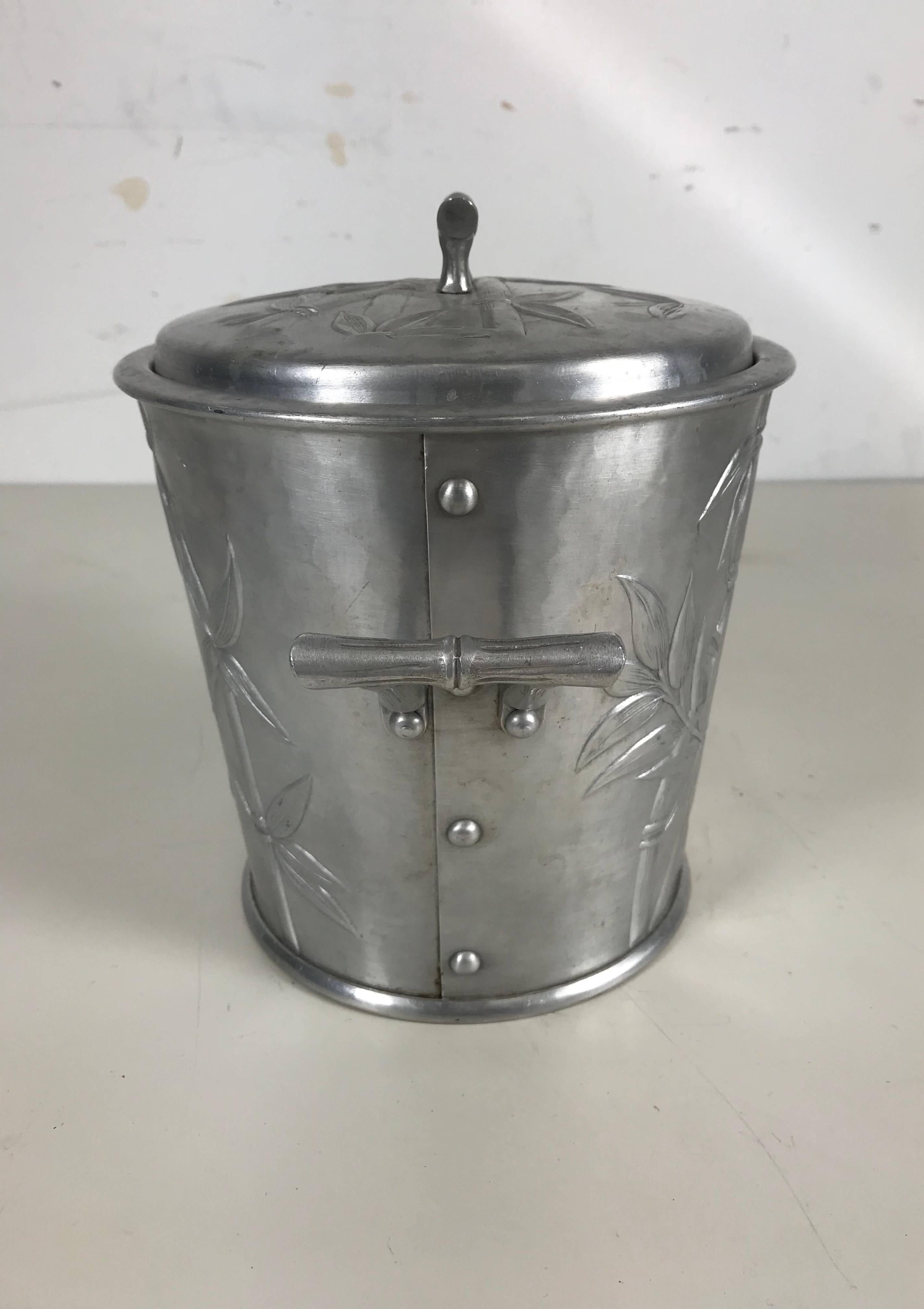 Mid-Century Modern ice bucket with Bamboo motif by Everlast, forged aluminum.