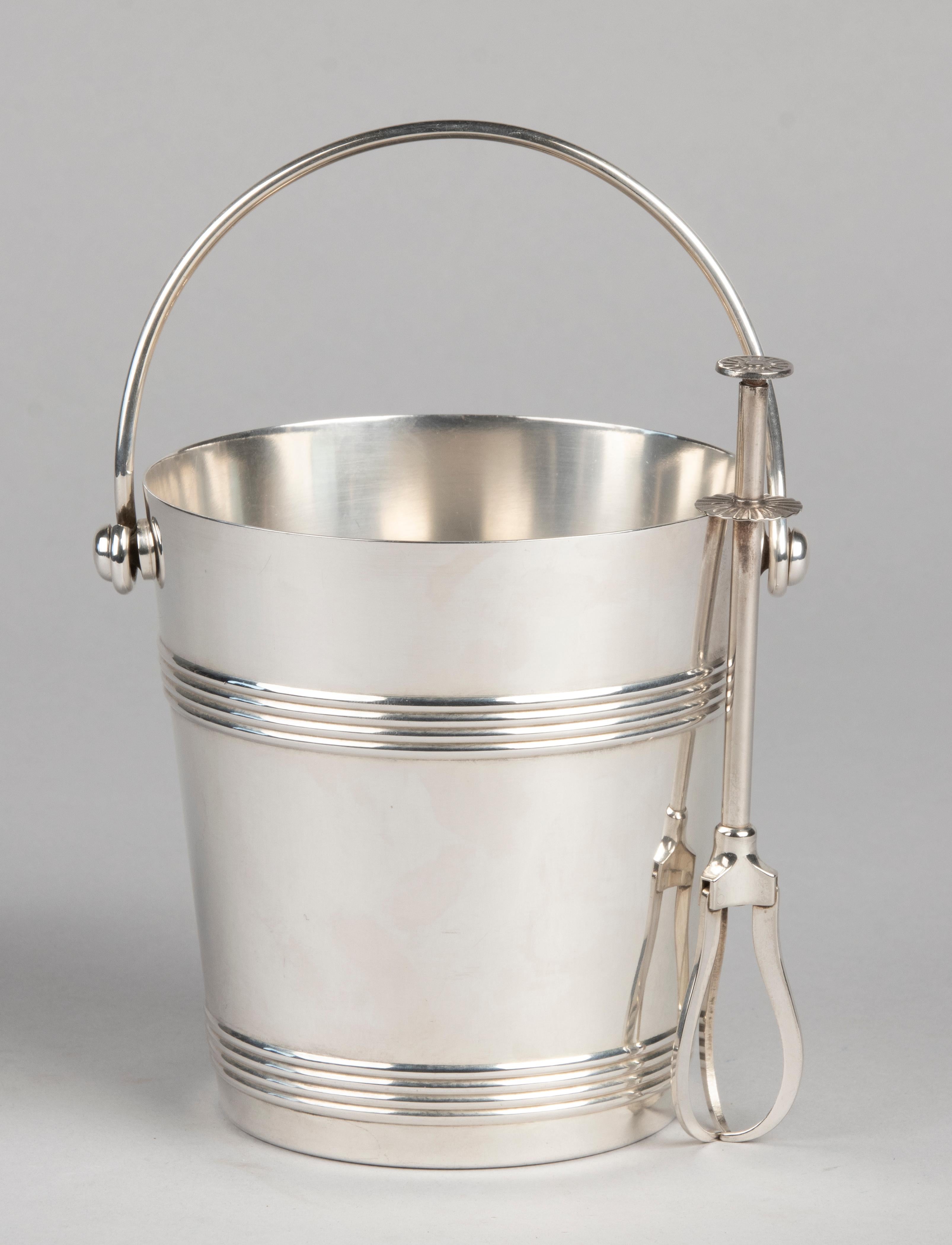 Plated Mid-Century Modern Ice Bucket with Tongs Made by Christofle Gallia For Sale