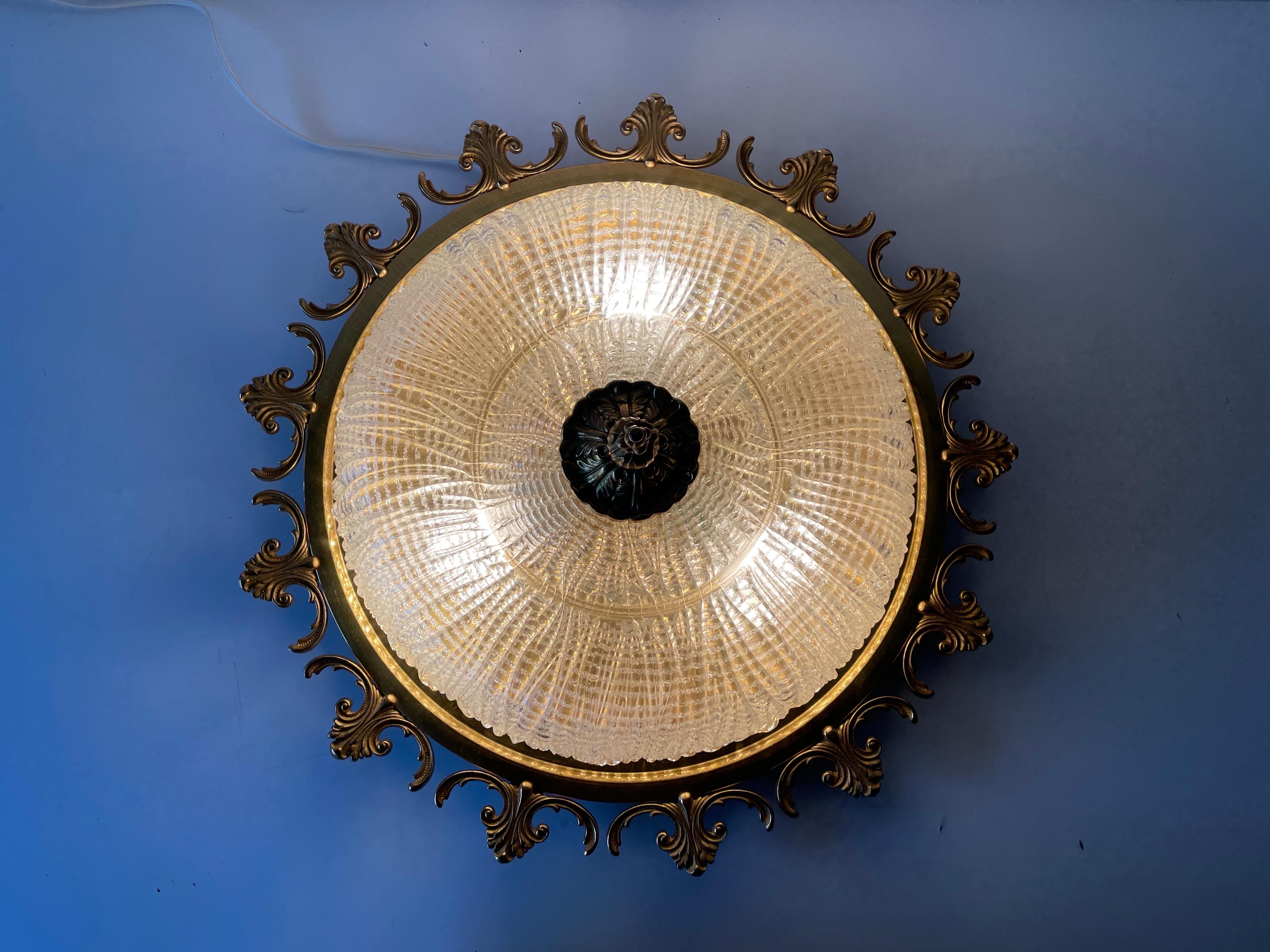 Mid-Century Modern Ice Glass & Flower Brass Large Ceiling Lamp, 1960s, Germany For Sale 6