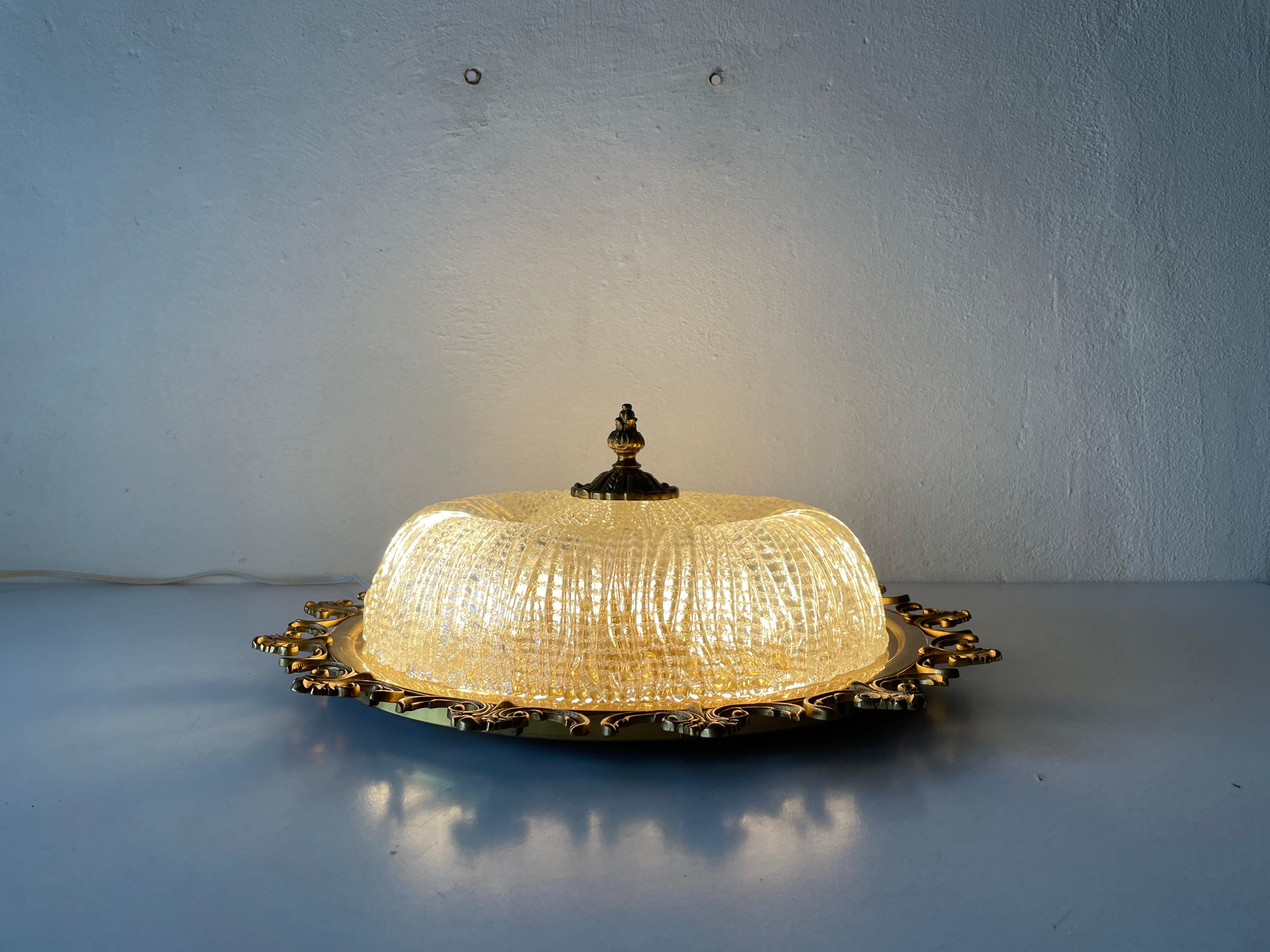Mid-Century Modern Ice Glass & Flower Brass Large Ceiling Lamp, 1960s, Germany For Sale 8