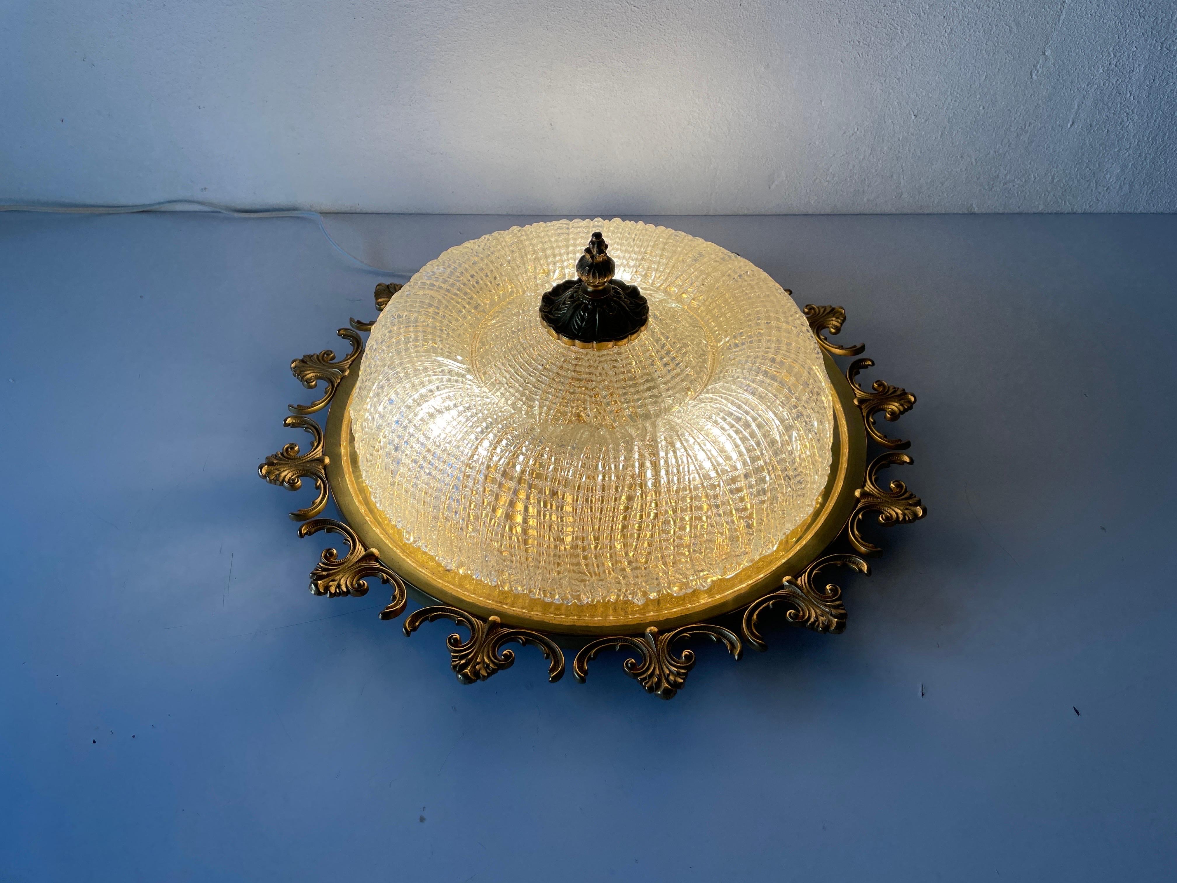 Mid-Century Modern Ice Glass & Flower Brass Large Ceiling Lamp, 1960s, Germany For Sale 9