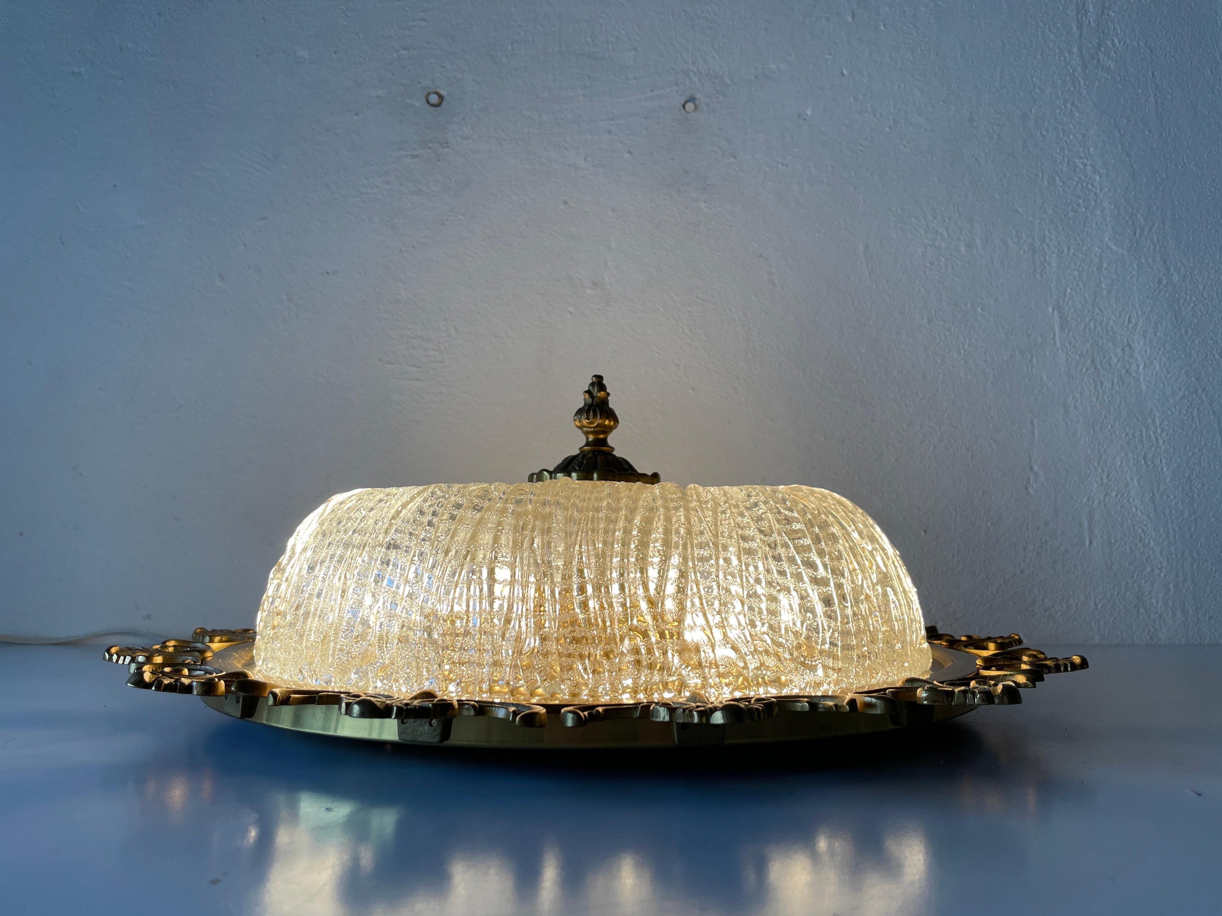 Mid-Century Modern Ice Glass & Flower Brass Large Ceiling Lamp, 1960s, Germany For Sale 11