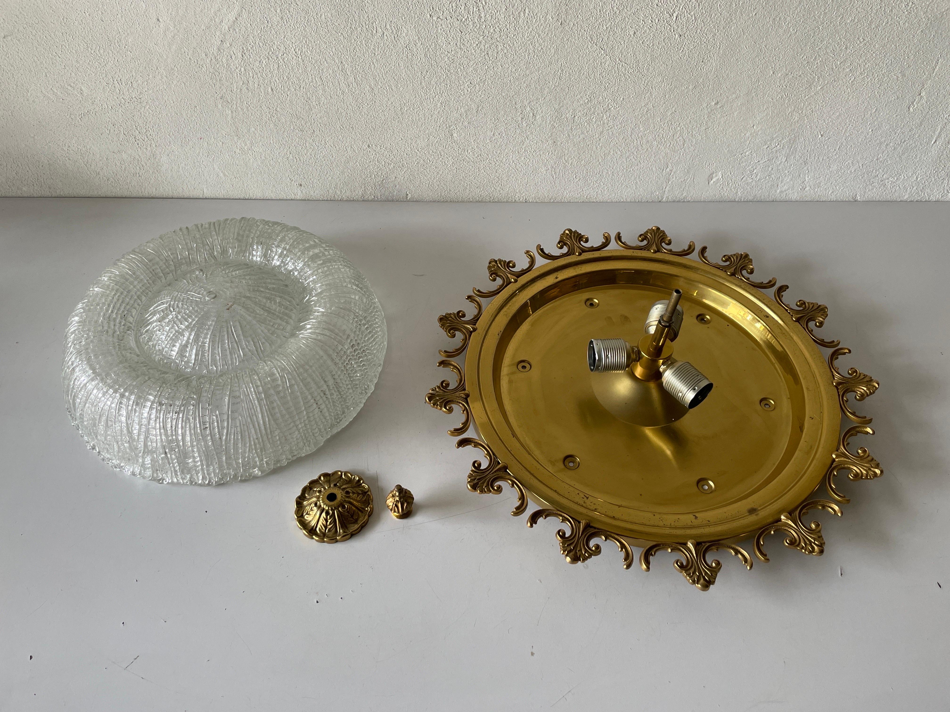 Mid-Century Modern Ice Glass & Flower Brass Large Ceiling Lamp, 1960s, Germany For Sale 13