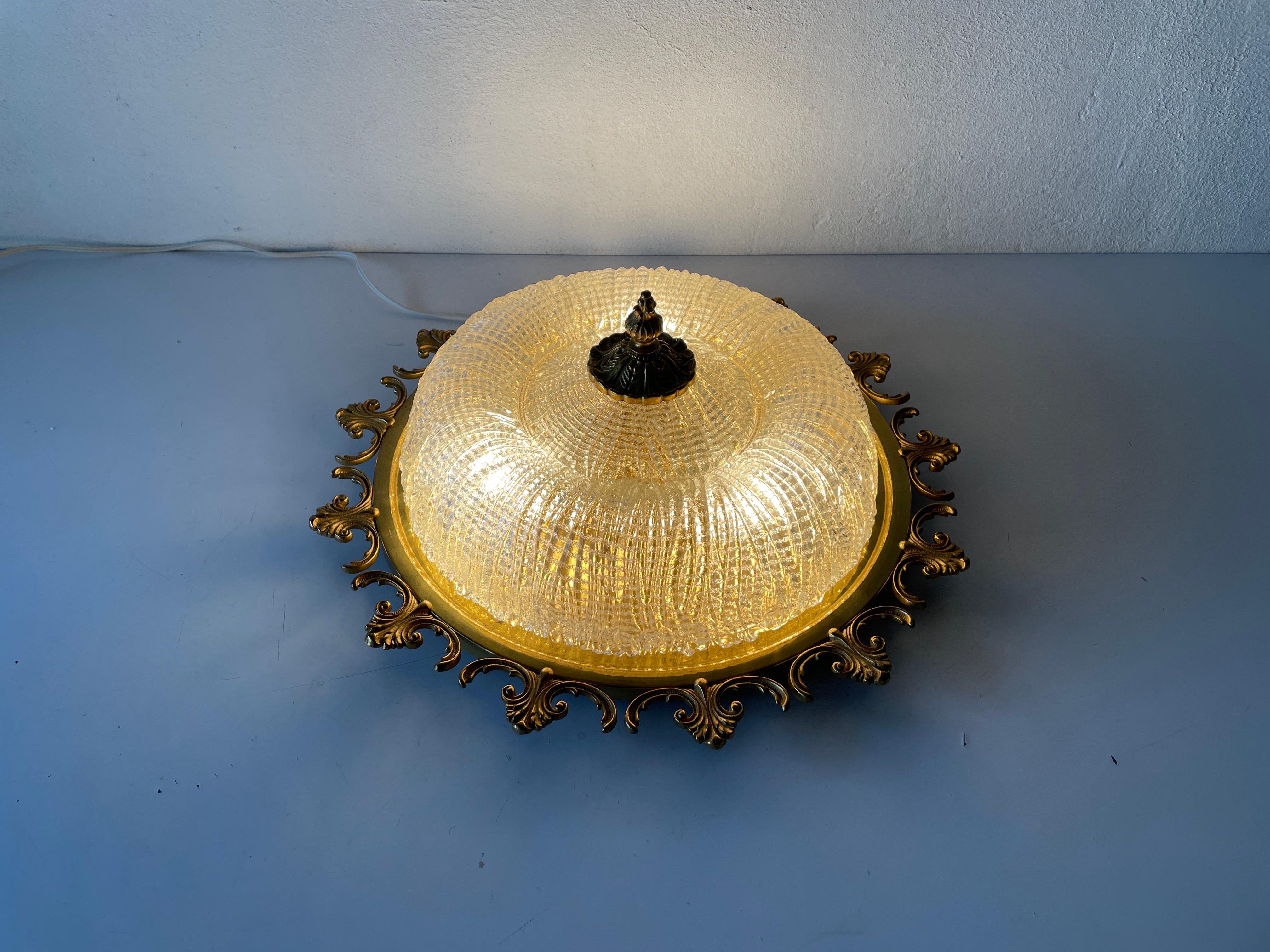 Mid-Century Modern Ice Glass & Flower Brass Large Ceiling Lamp, 1960s, Germany For Sale 4