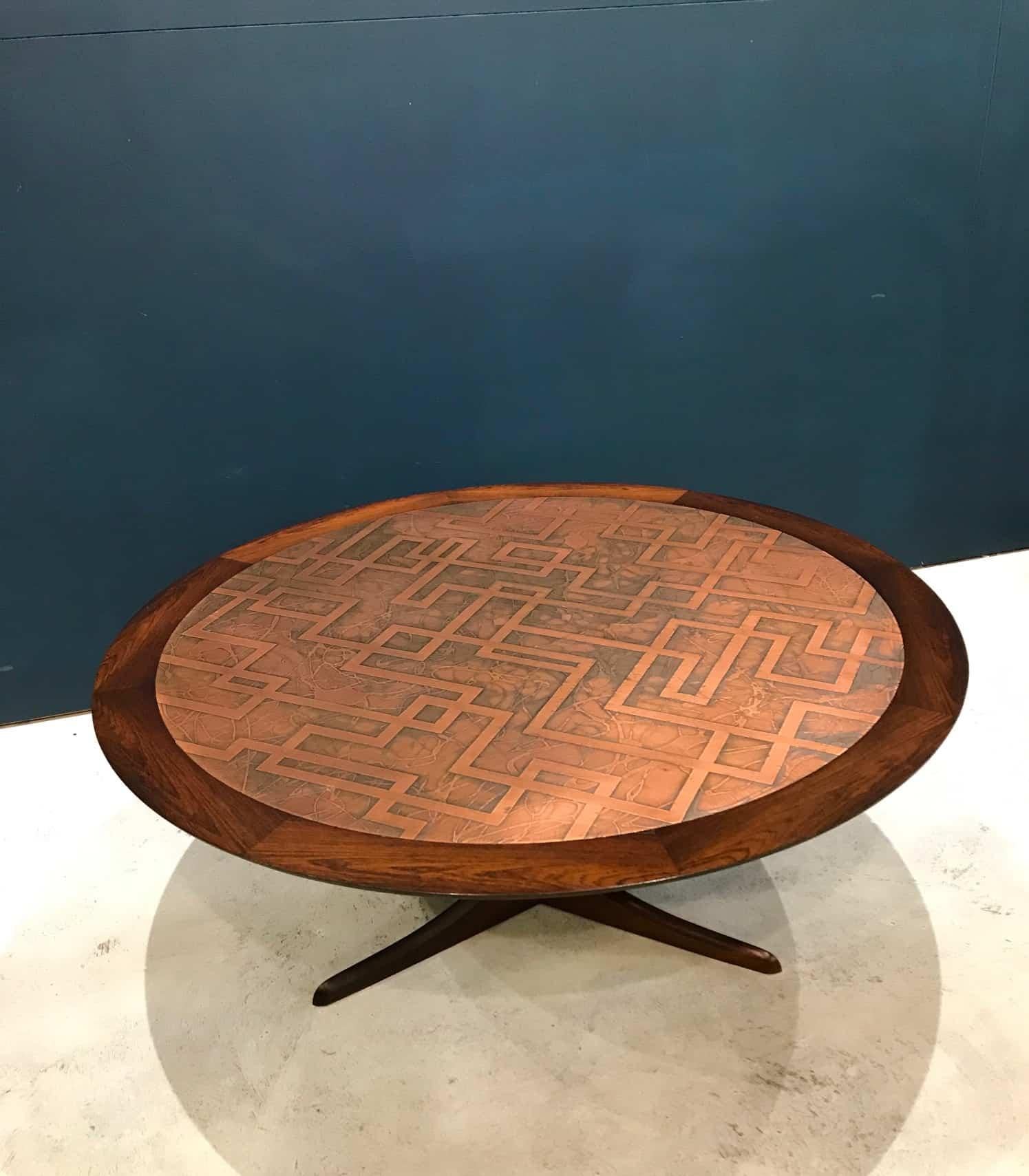 Italian Mid-Century Modern Copper and Hardwood Coffee Table For Sale
