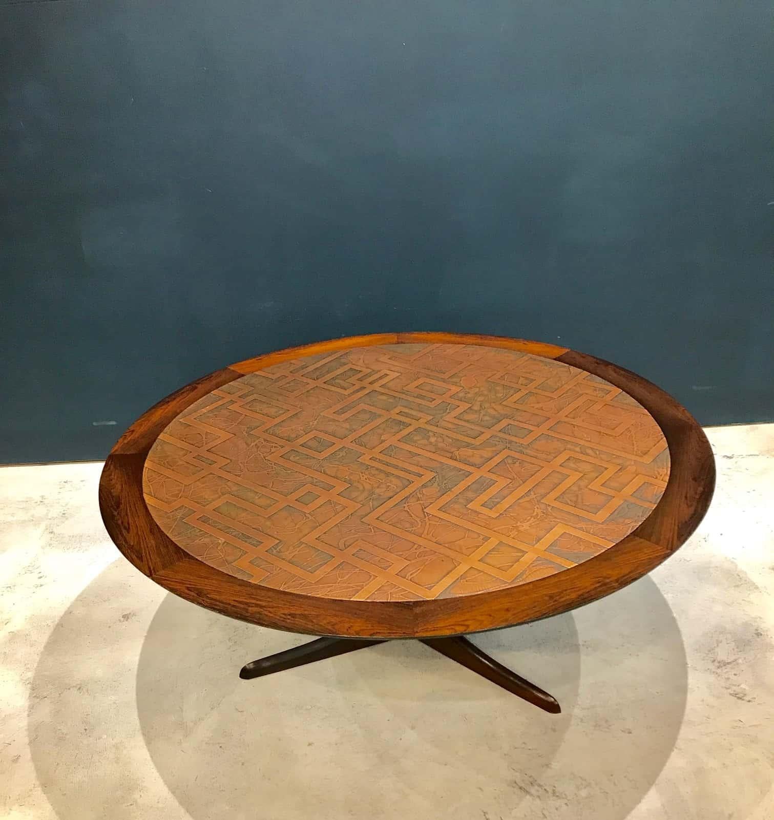 Etched Mid-Century Modern Copper and Hardwood Coffee Table For Sale