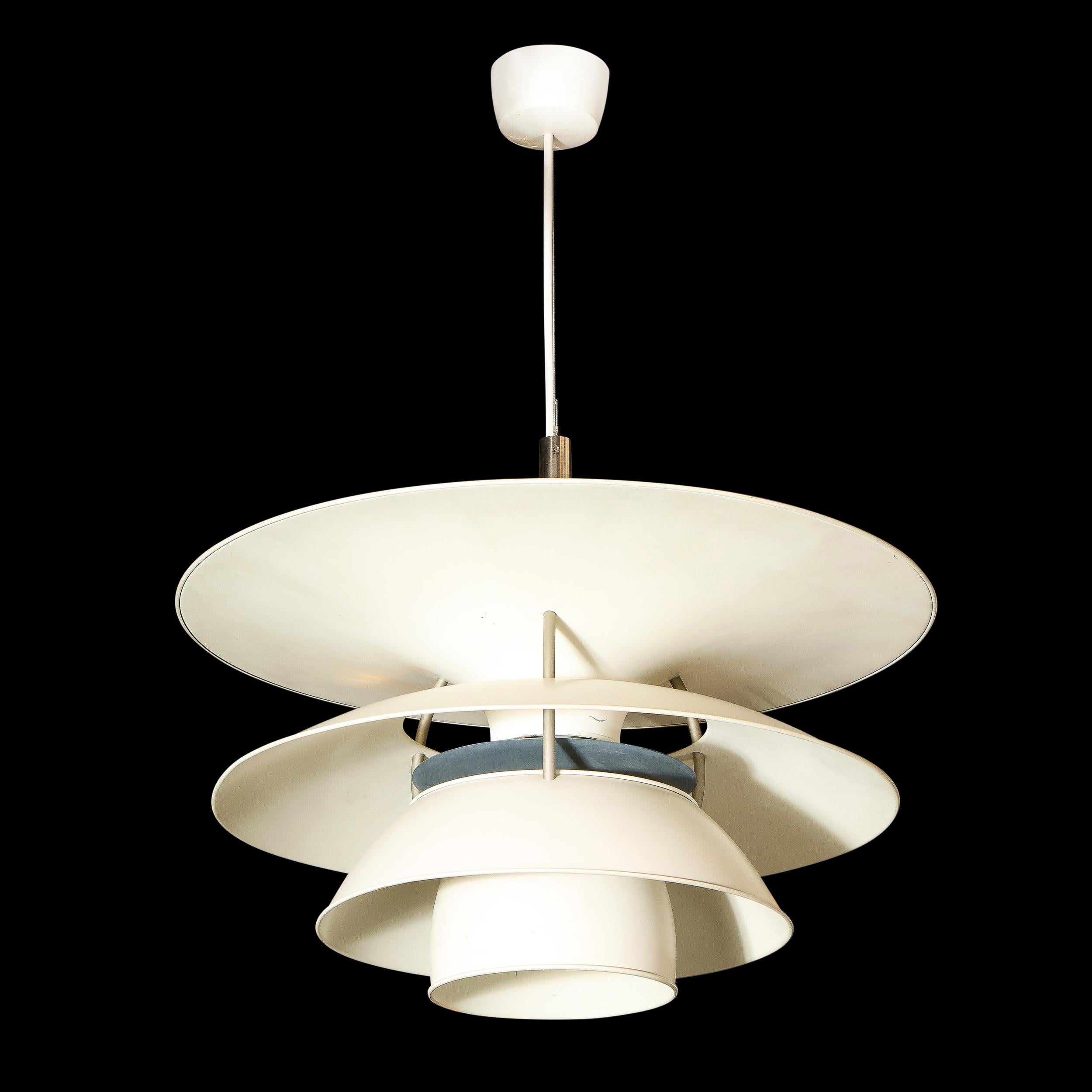 Renowned designer, Poul Henningsen designed the four-shade system which was launched in 1931 to create a fixture that could be mounted high and serve as an alternative to the commonly used chandeliers. The PH four-shade fixture was designed to