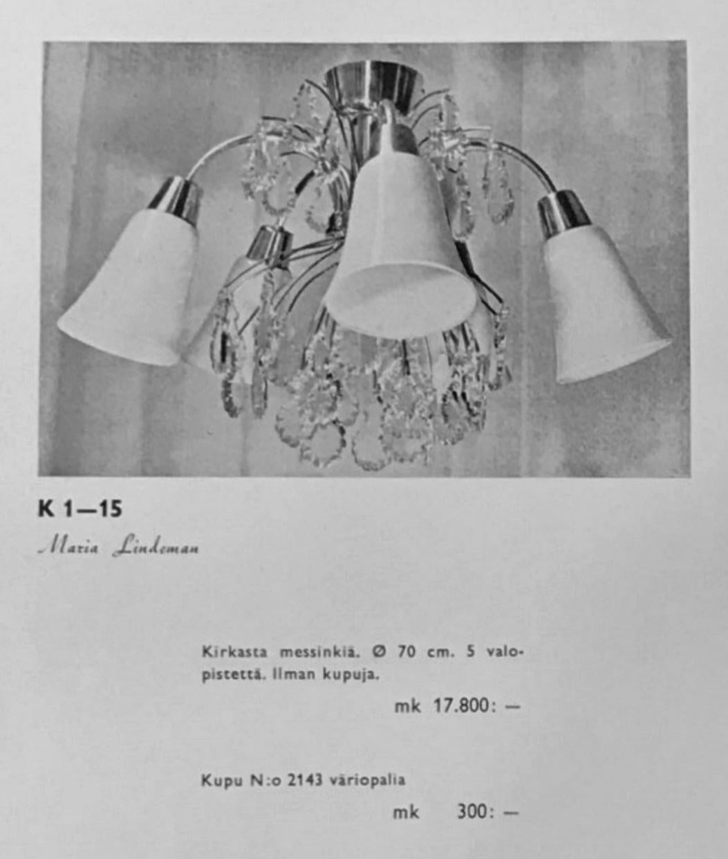 Lampada da soffitto Idman moderna di metà secolo modello K1-15, Maria Lindemann, anni '50 In condizioni buone in vendita a Helsinki, FI