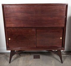 Mid-Century Modern Illuminating Bookmatched Walnut and Brass Bar Cabinet