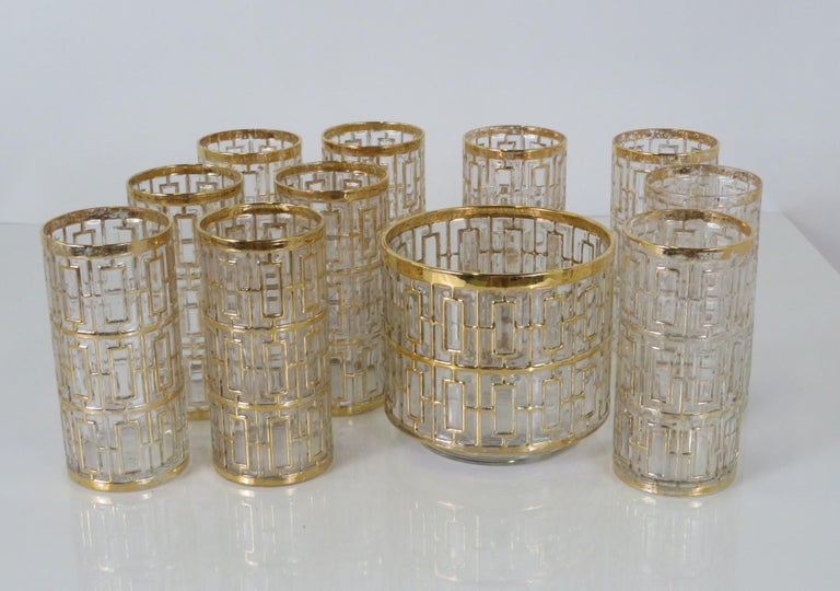 Hollywood Regency Mid-Century Modern Imperial Glass Company Shoji Screen Gilt Glasses and Ice Buck For Sale