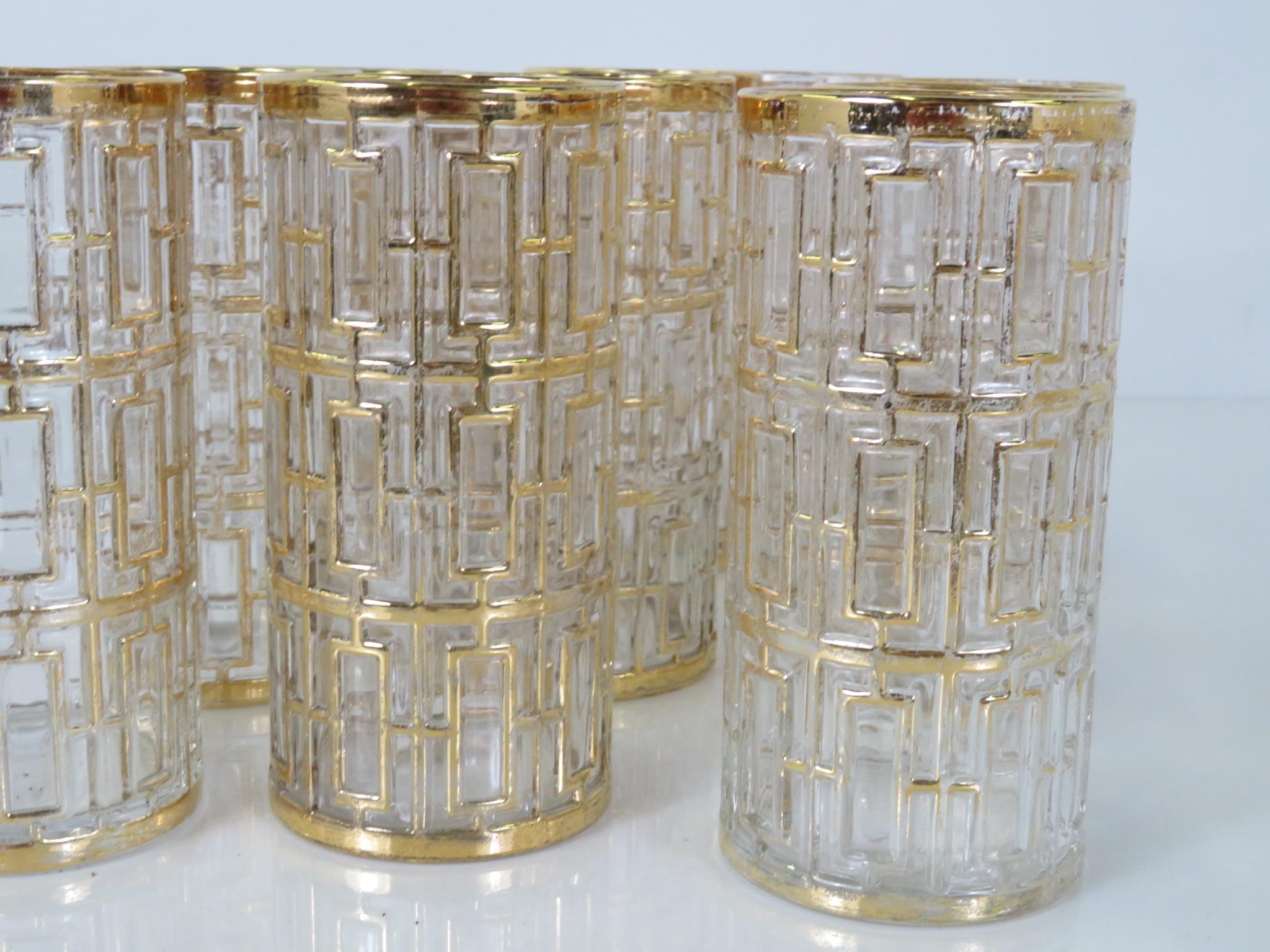 Mid-Century Modern Imperial Glass Company Shoji Screen Gilt Glasses and Ice Buck In Fair Condition In Miami, FL