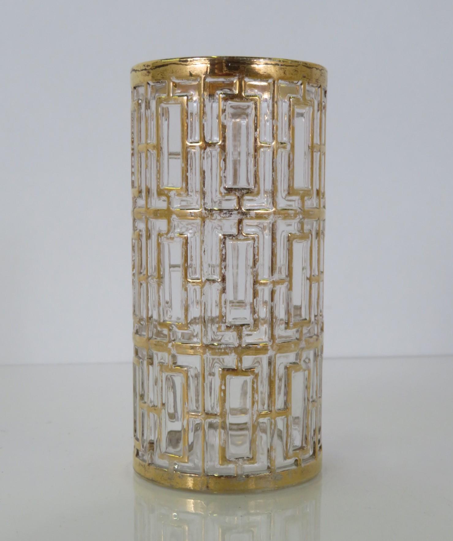 20th Century Mid-Century Modern Imperial Glass Company Shoji Screen Gilt Glasses and Ice Buck