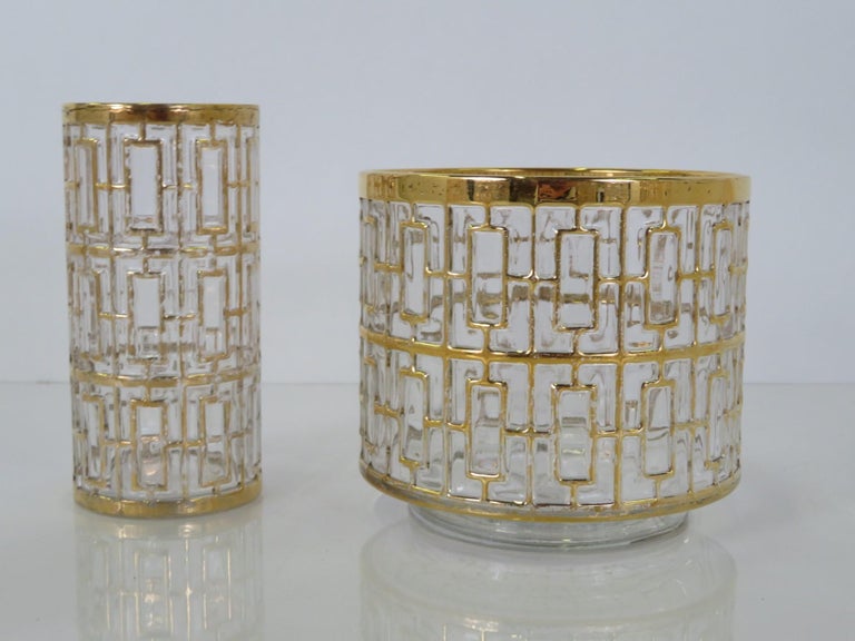 Mid-Century Modern Imperial Glass Company Shoji Screen Gilt Glasses and Ice Buck For Sale 1