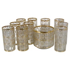 Vintage Mid-Century Modern Imperial Glass Company Shoji Screen Gilt Glasses and Ice Buck