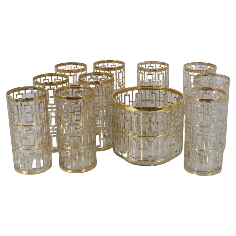 Mid-Century Modern Imperial Glass Company Shoji Screen Gilt Glasses and Ice Buck For Sale
