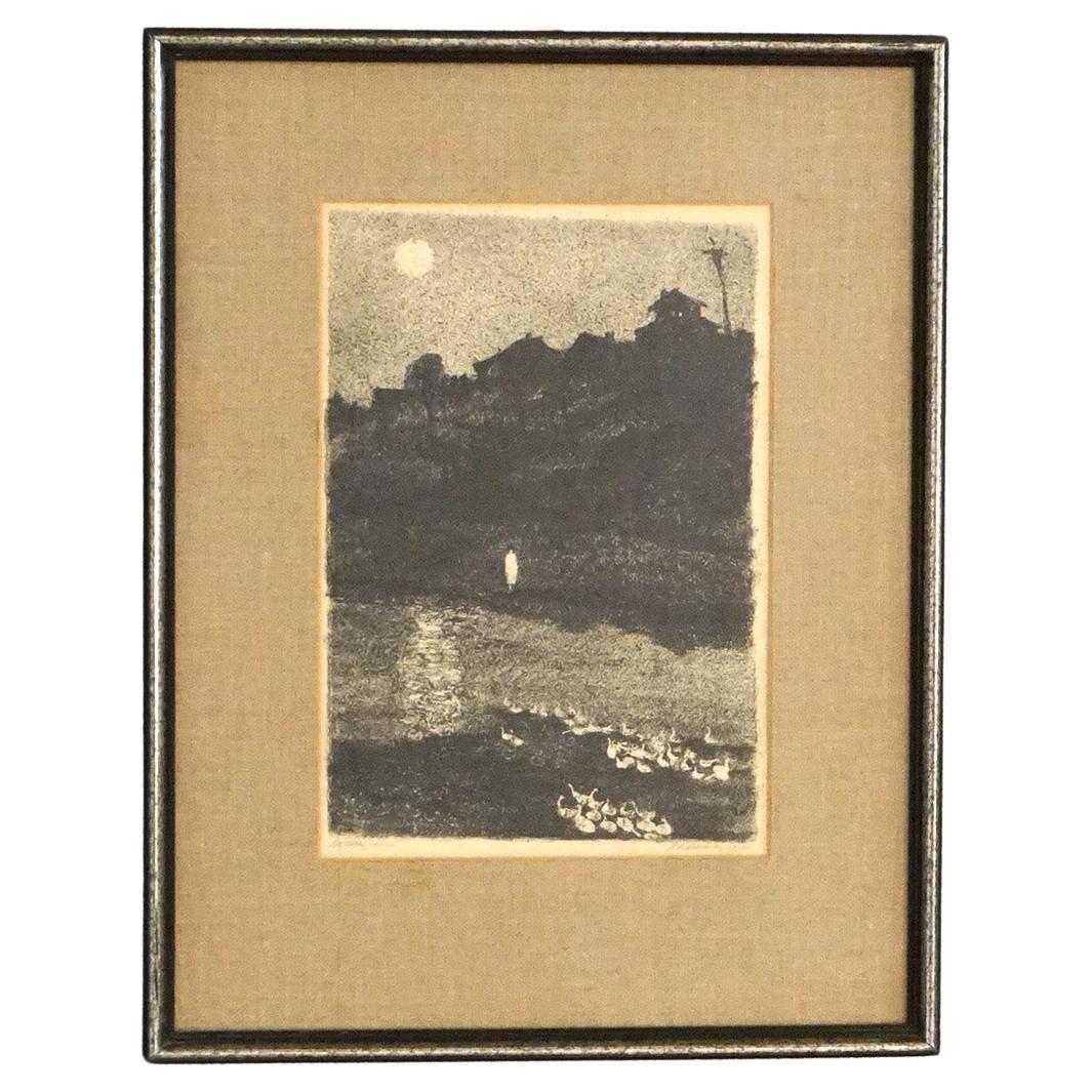 Mid Century Modern Impressionist Litho Night Scene Pencil Titled & Signed For Sale