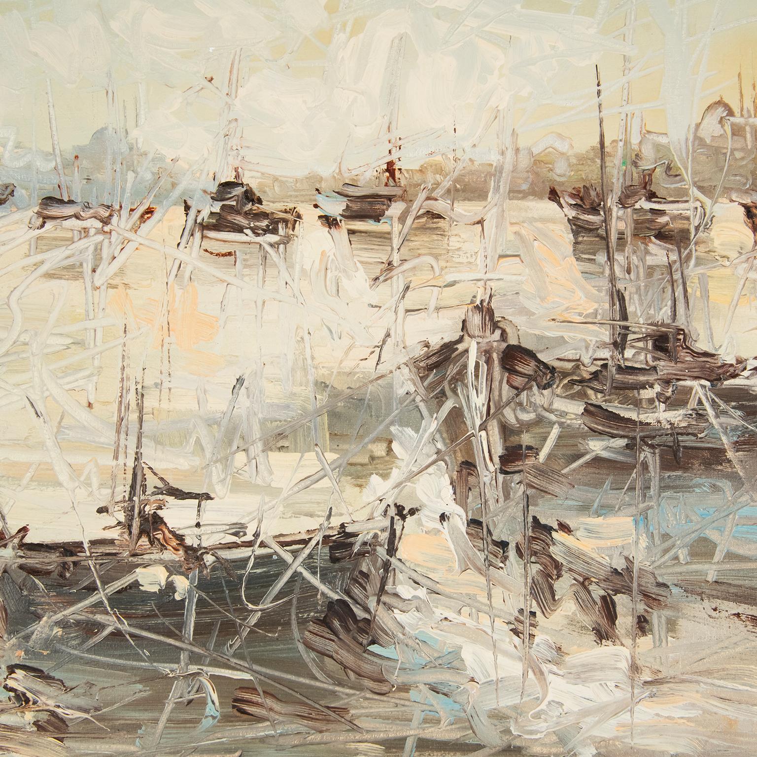 This is a charming oil on canvas of fishing boats in a harbour. It is signed in the lower right hand corner but I am unable to decipher the signature. It is in its original brushed aluminum frame.
I bought it for its soft blues and whites, the
