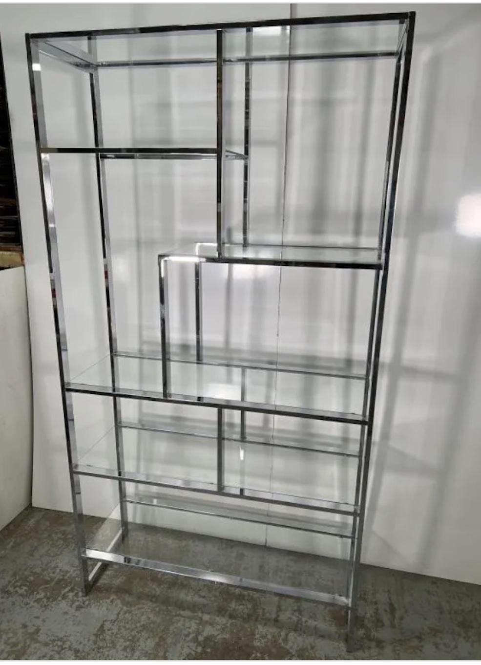 Mid-Century Modern In The Style Of Milo Baughman Chrome & Glass Shelf Etagere. Very good condition, not solid stock but very heavy, all glass is in pristine conditon.