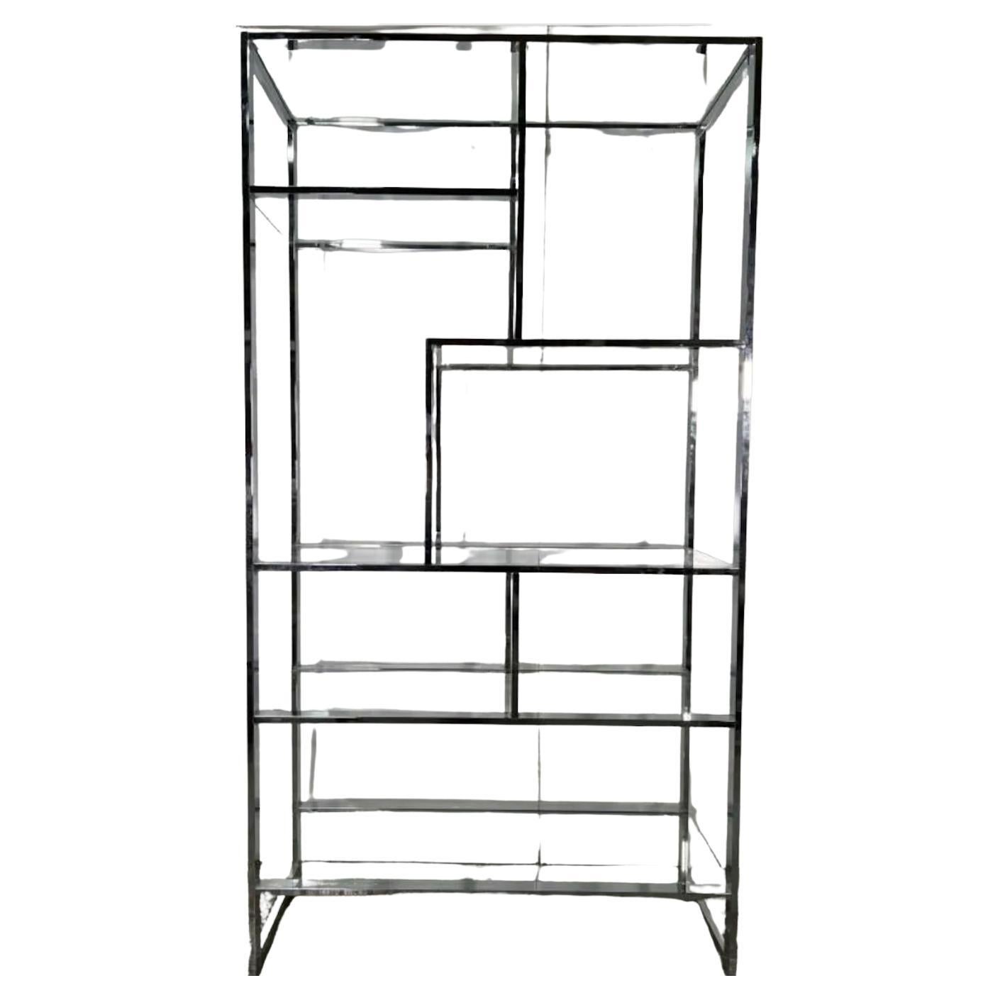 Mid-Century Modern in the Style of Milo Baughman Chrome & Glass Shelf Etagere For Sale