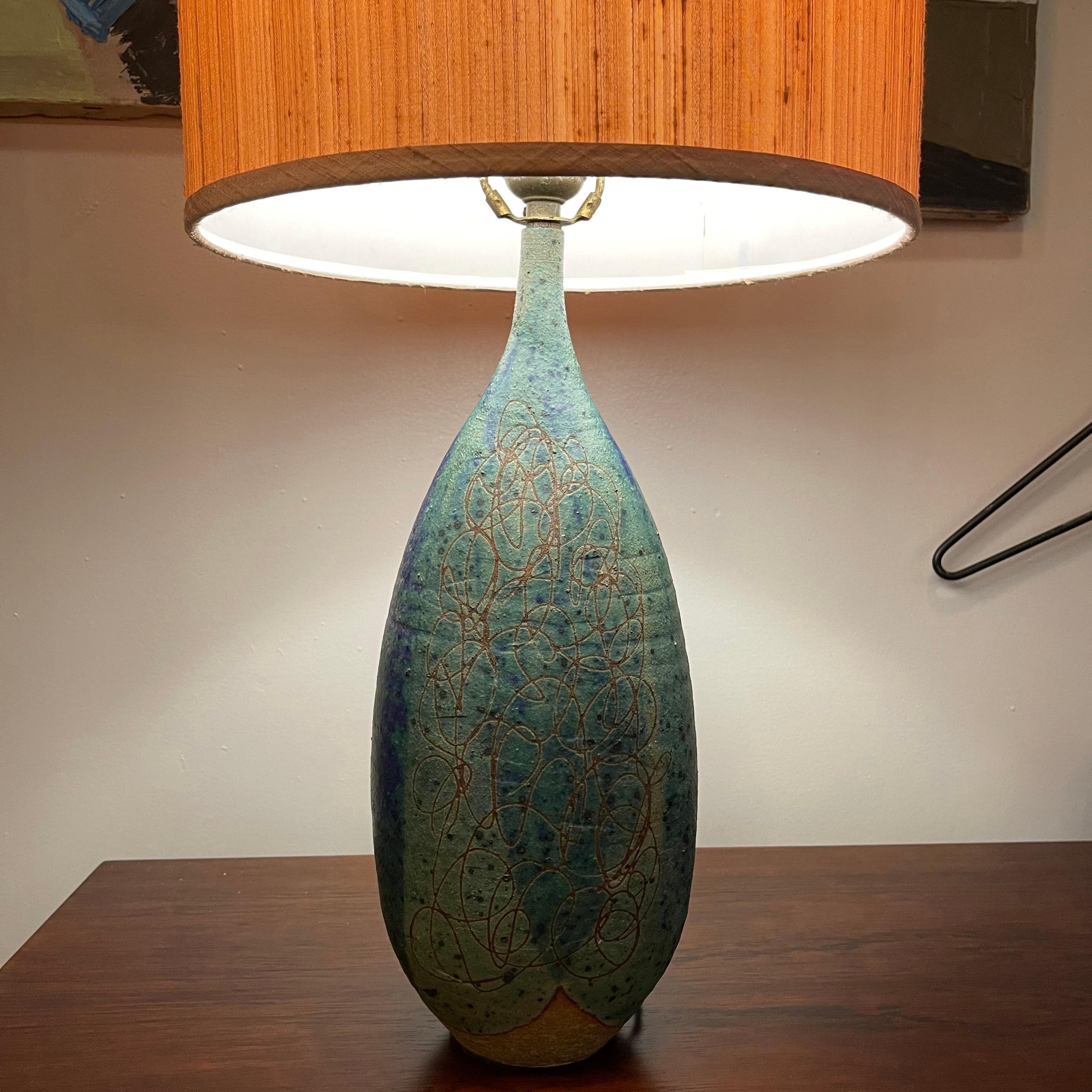 Mid Century Modern Incised Art Pottery Table Lamp For Sale 3