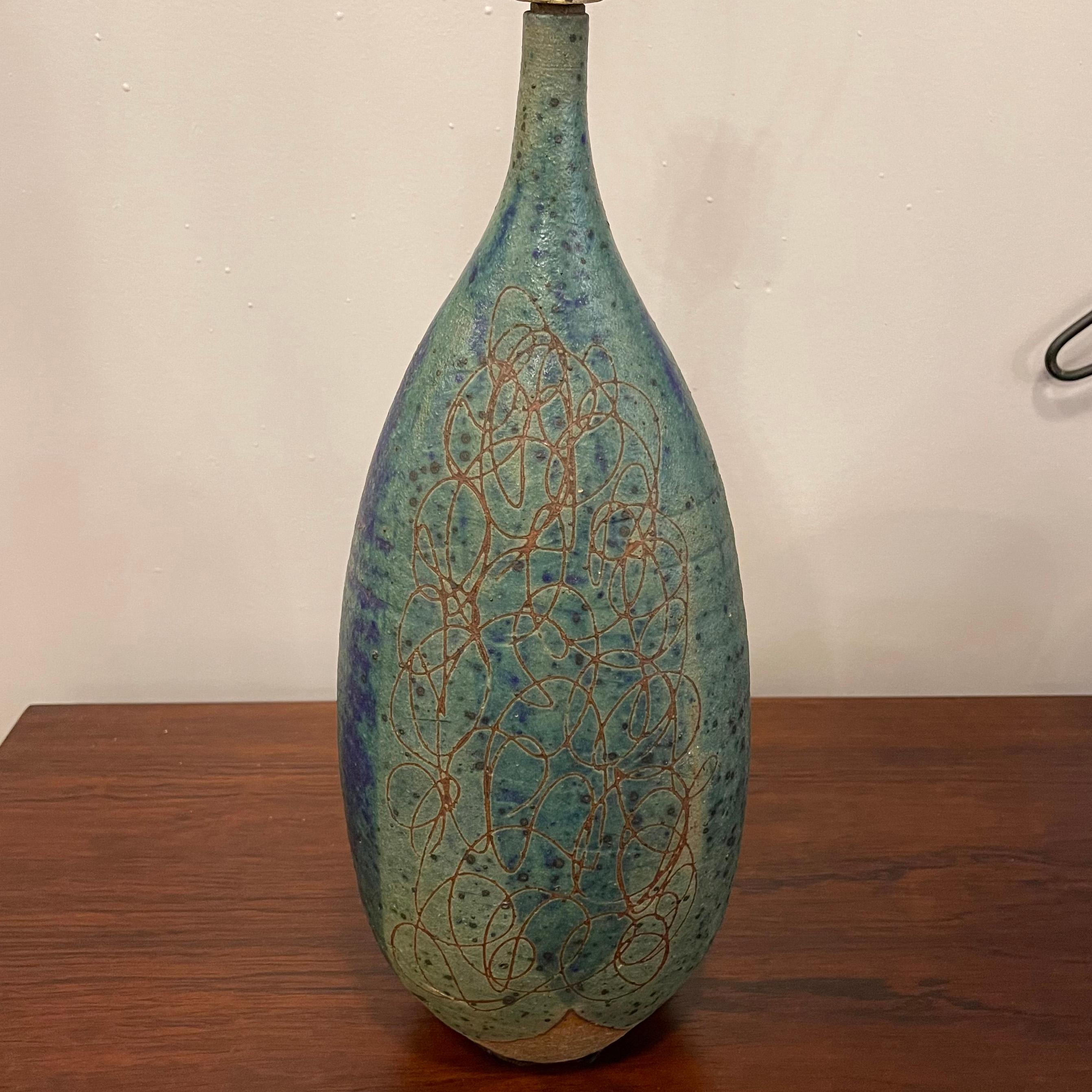 Mid Century Modern Incised Art Pottery Table Lamp For Sale 6