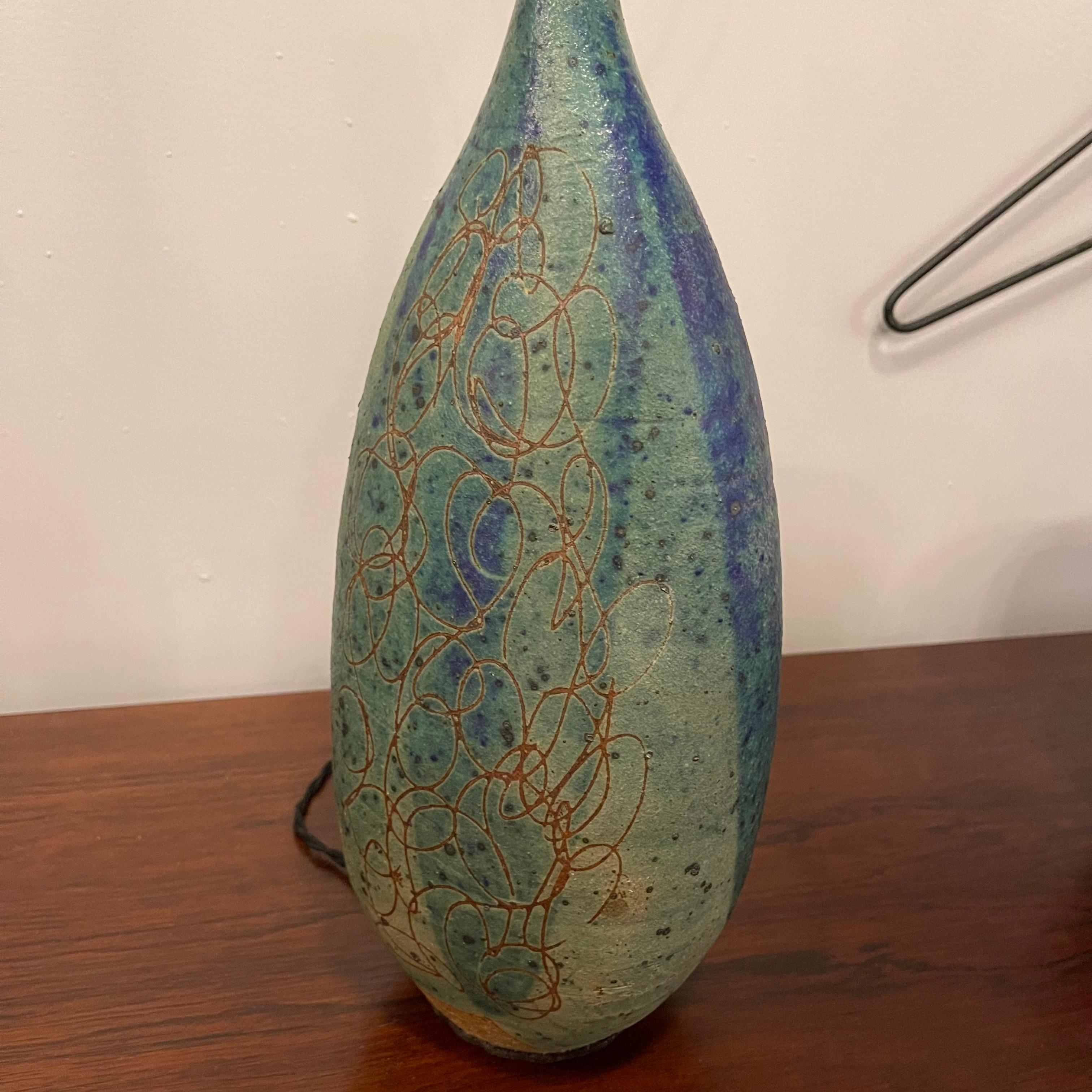 Mid Century Modern Incised Art Pottery Table Lamp For Sale 7