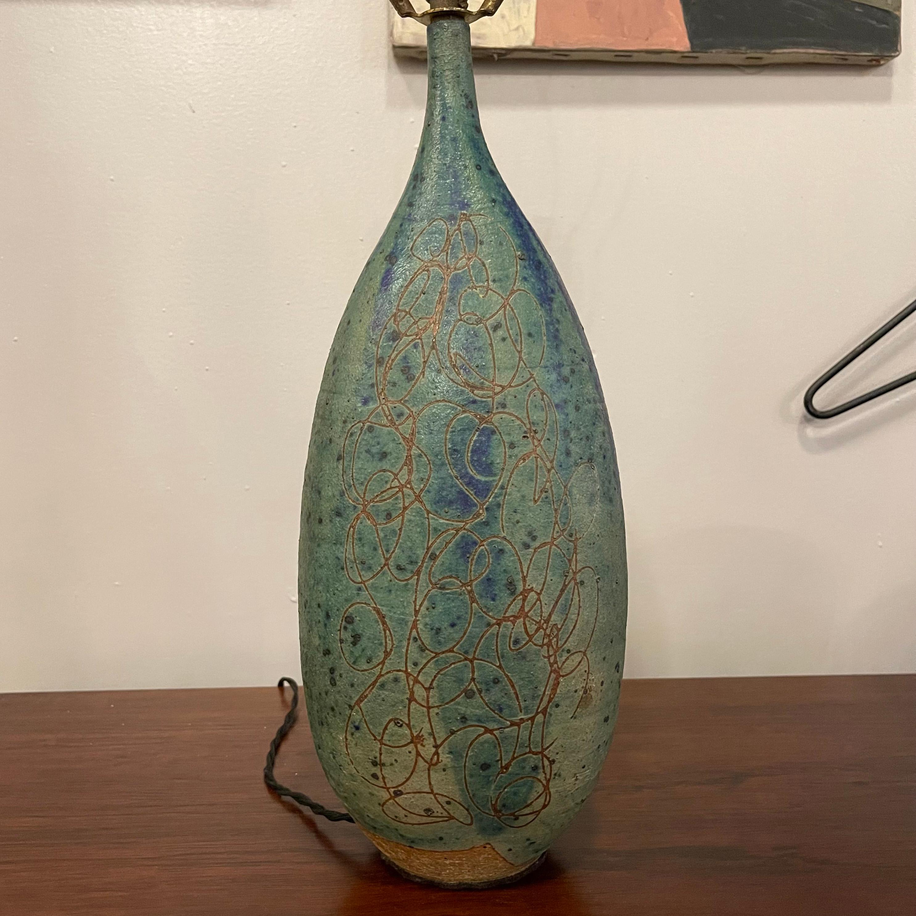 Mid Century Modern Incised Art Pottery Table Lamp For Sale 8