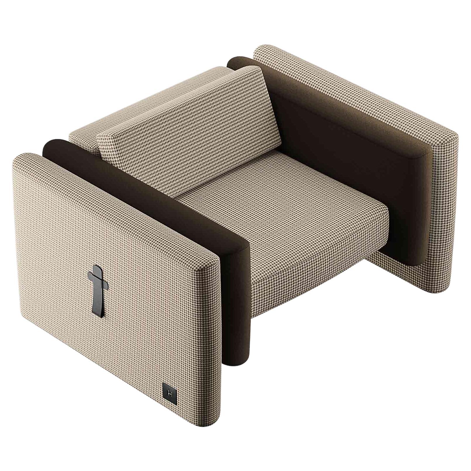 Contemporary Minimal Armchair with Clean Lines & Tweed Pattern Upholstery For Sale