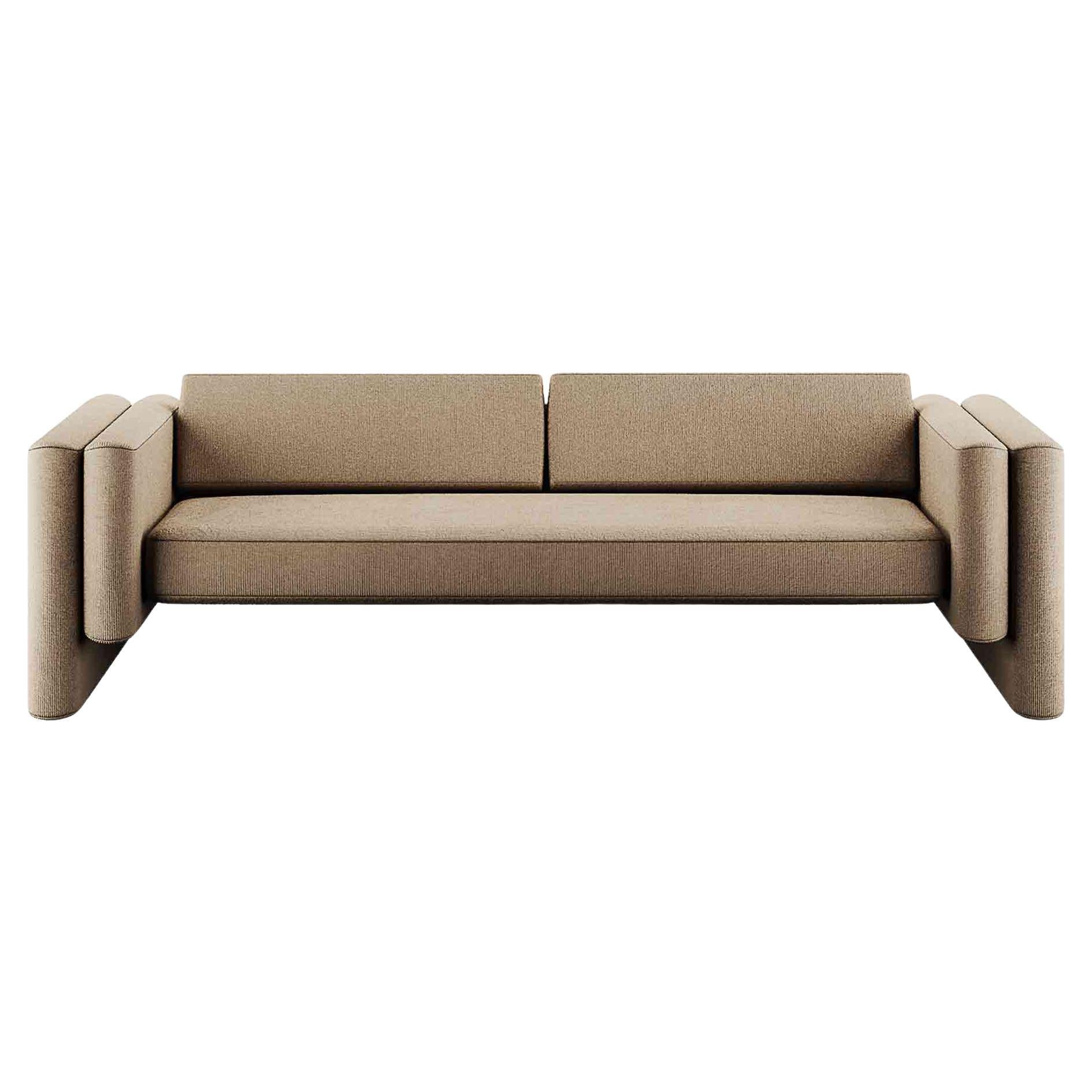 Modernes minimalistisches Sofa mit klaren Linien und beigefarbener Kordpolsterung