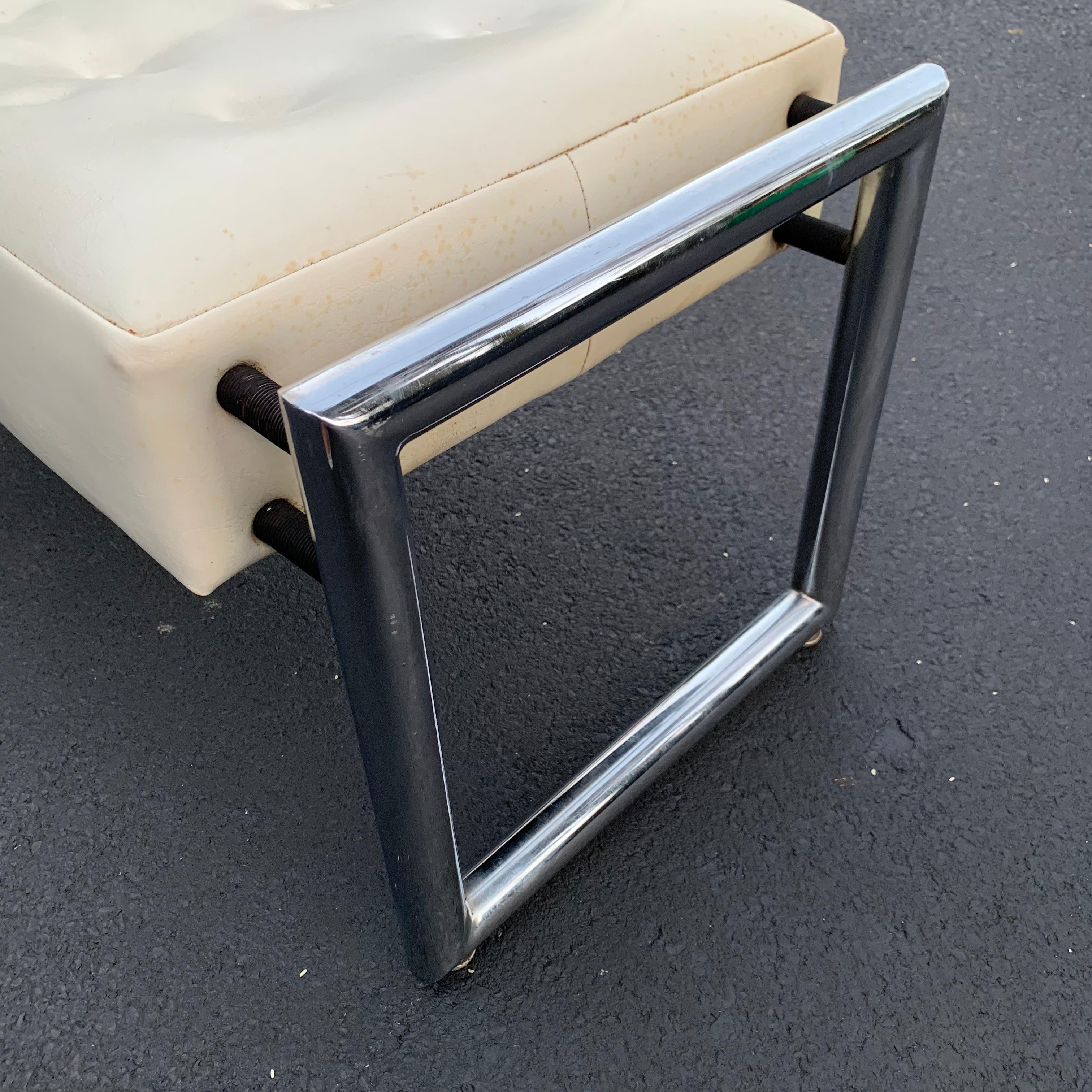 Mid-Century Modern Industrial Chrome Bench With Original White Vinyl Upholstery 6