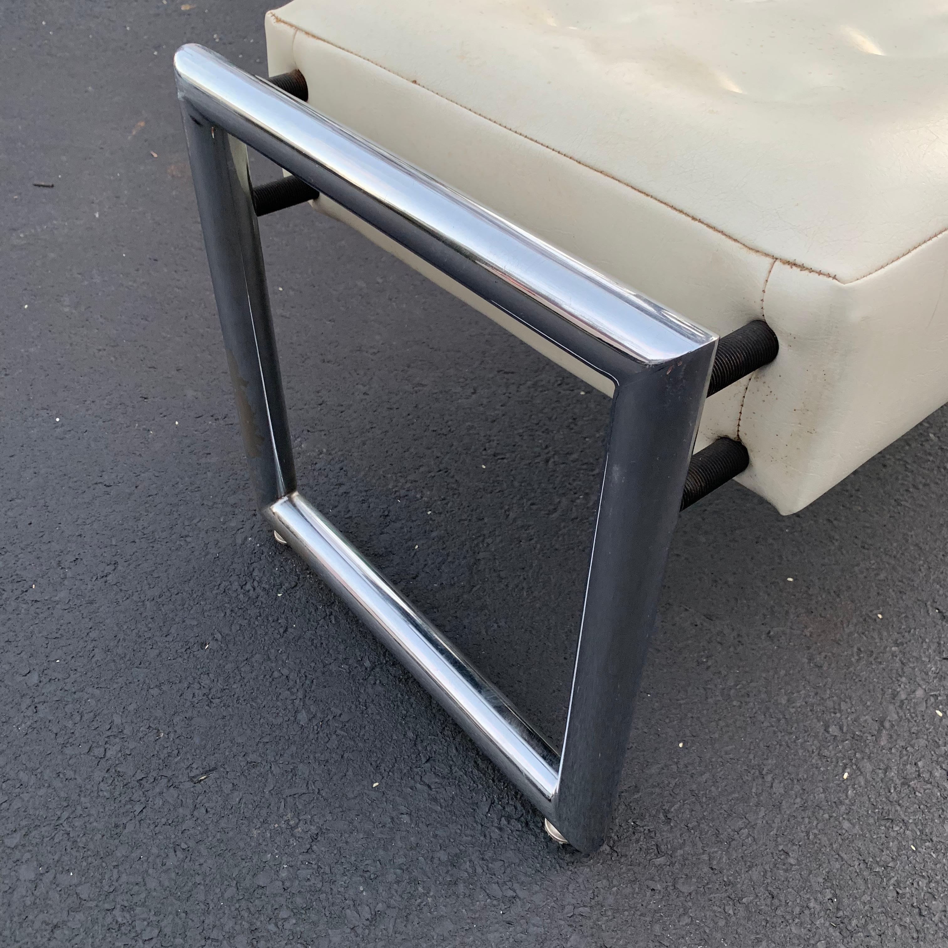 Mid-Century Modern Industrial Chrome Bench With Original White Vinyl Upholstery 9