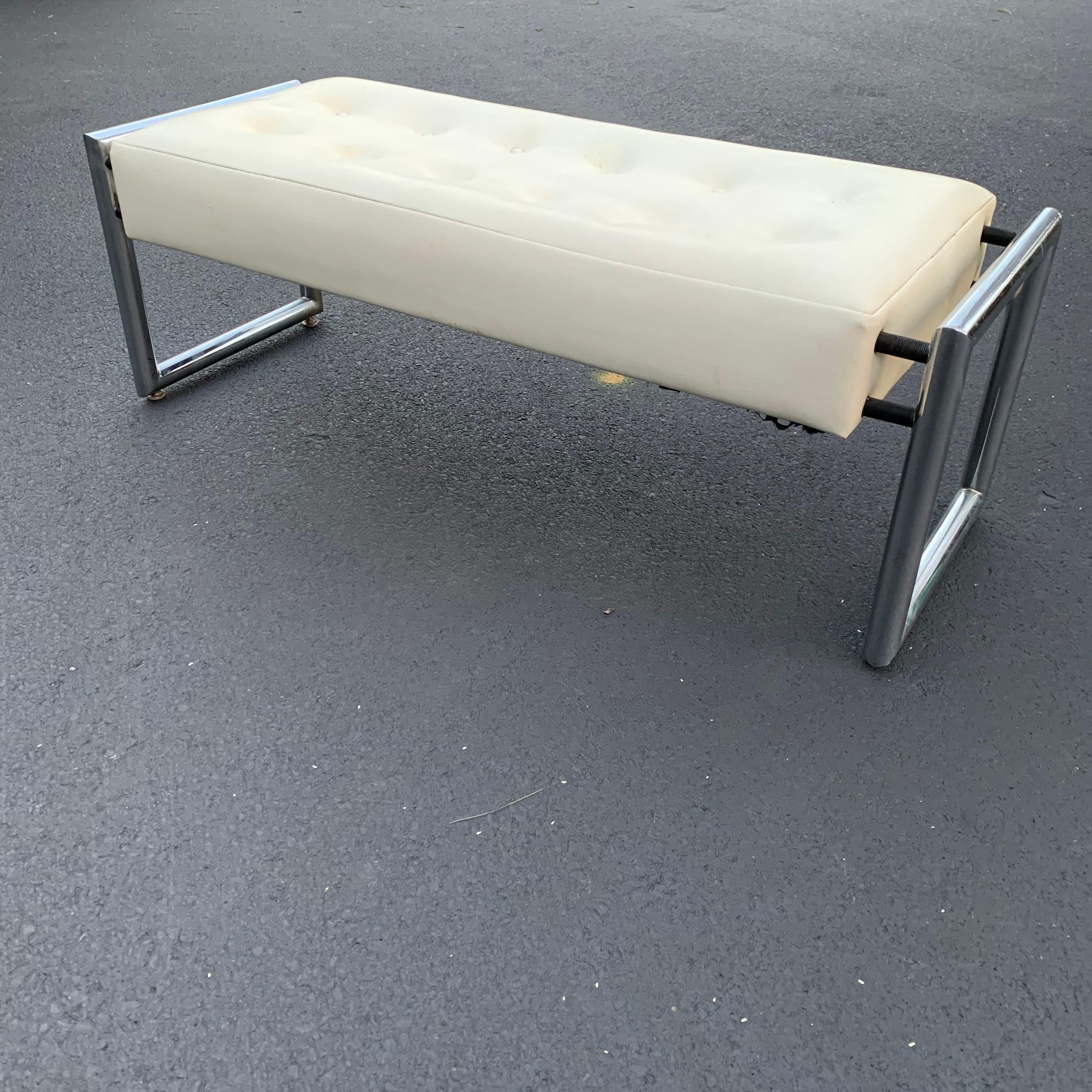 Mid-Century Modern Industrial Chrome Bench With Original White Vinyl Upholstery 13