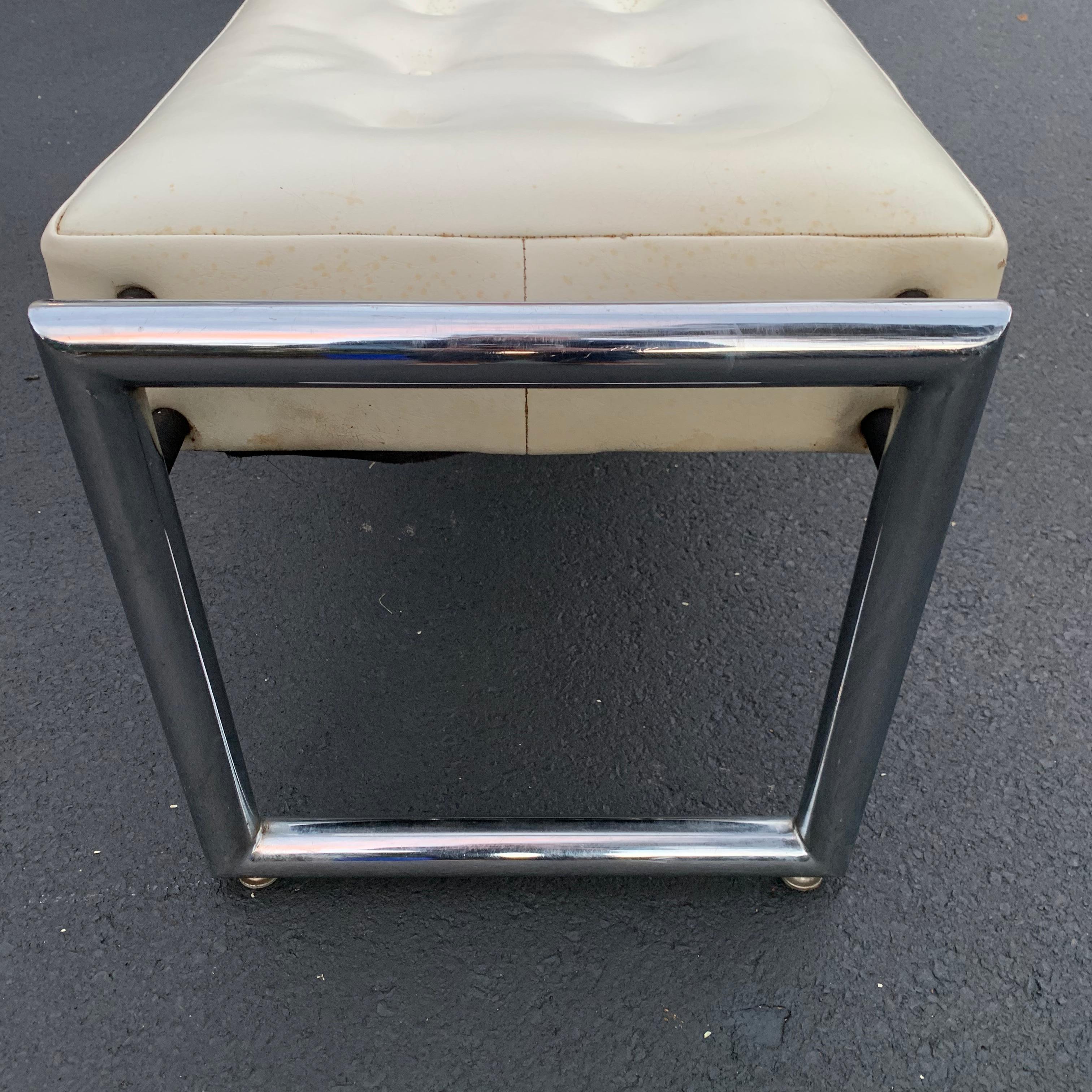 Mid-Century Modern Industrial Chrome Bench With Original White Vinyl Upholstery 14