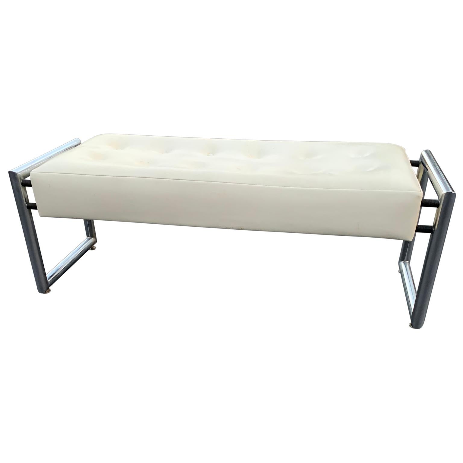 American Mid-Century Modern Industrial Chrome Bench With Original White Vinyl Upholstery